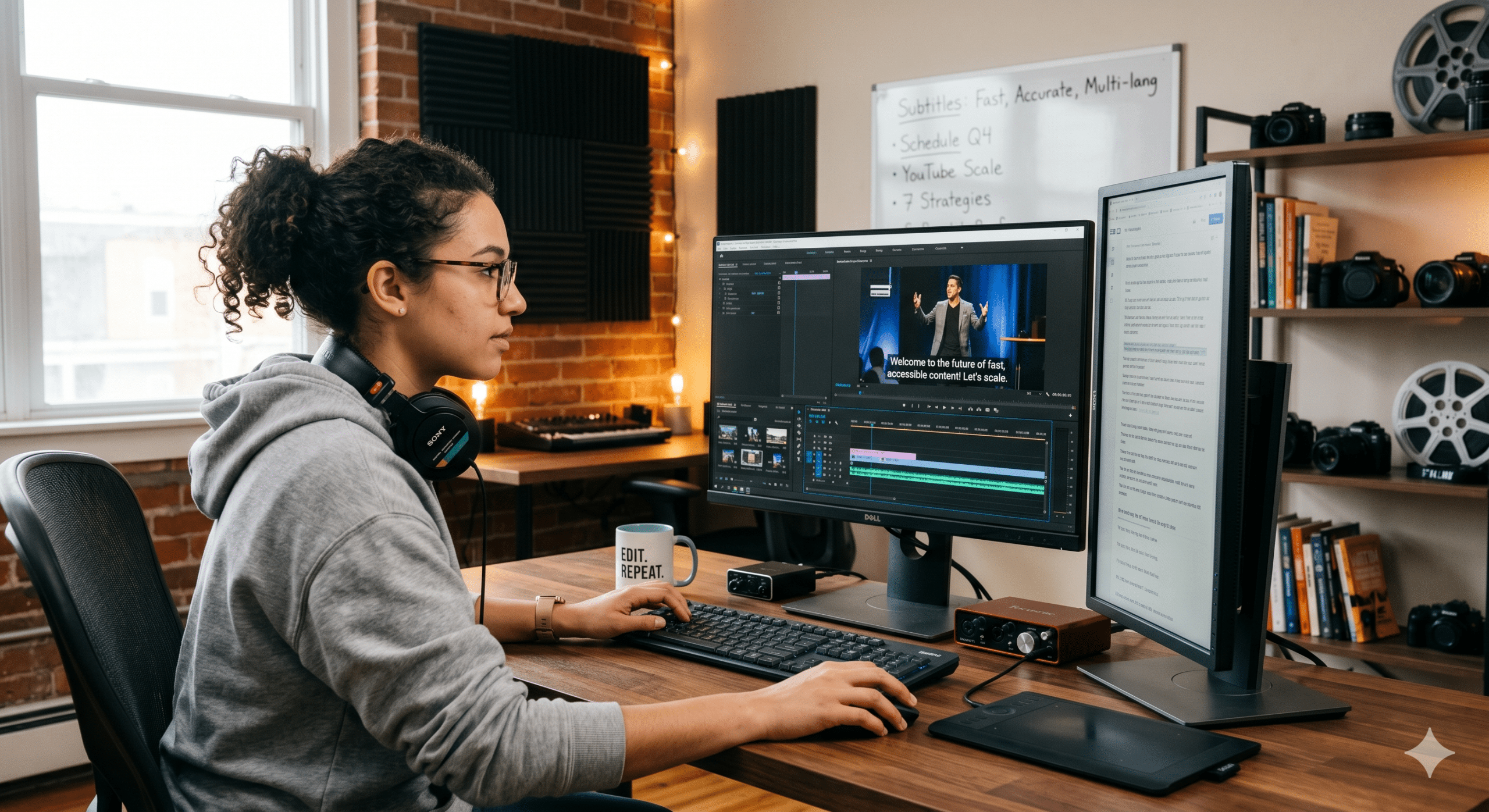 Video editor creating automatic subtitles and transcription for accessible video content using AI-powered captioning software in a professional editing studio.