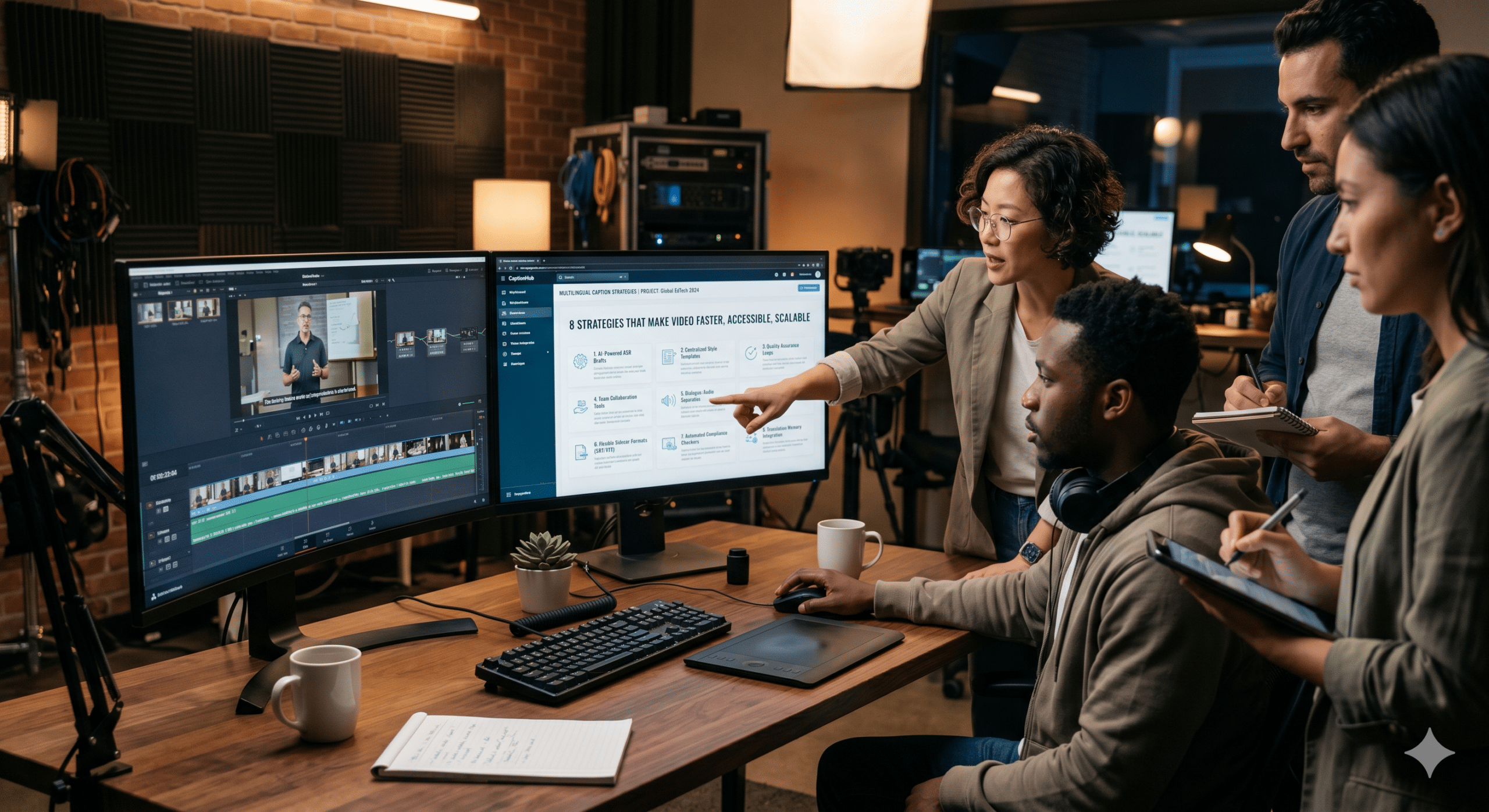 Team of video editors and accessibility specialists reviewing multilingual captions and transcription workflows on dual monitors in a professional post-production studio.