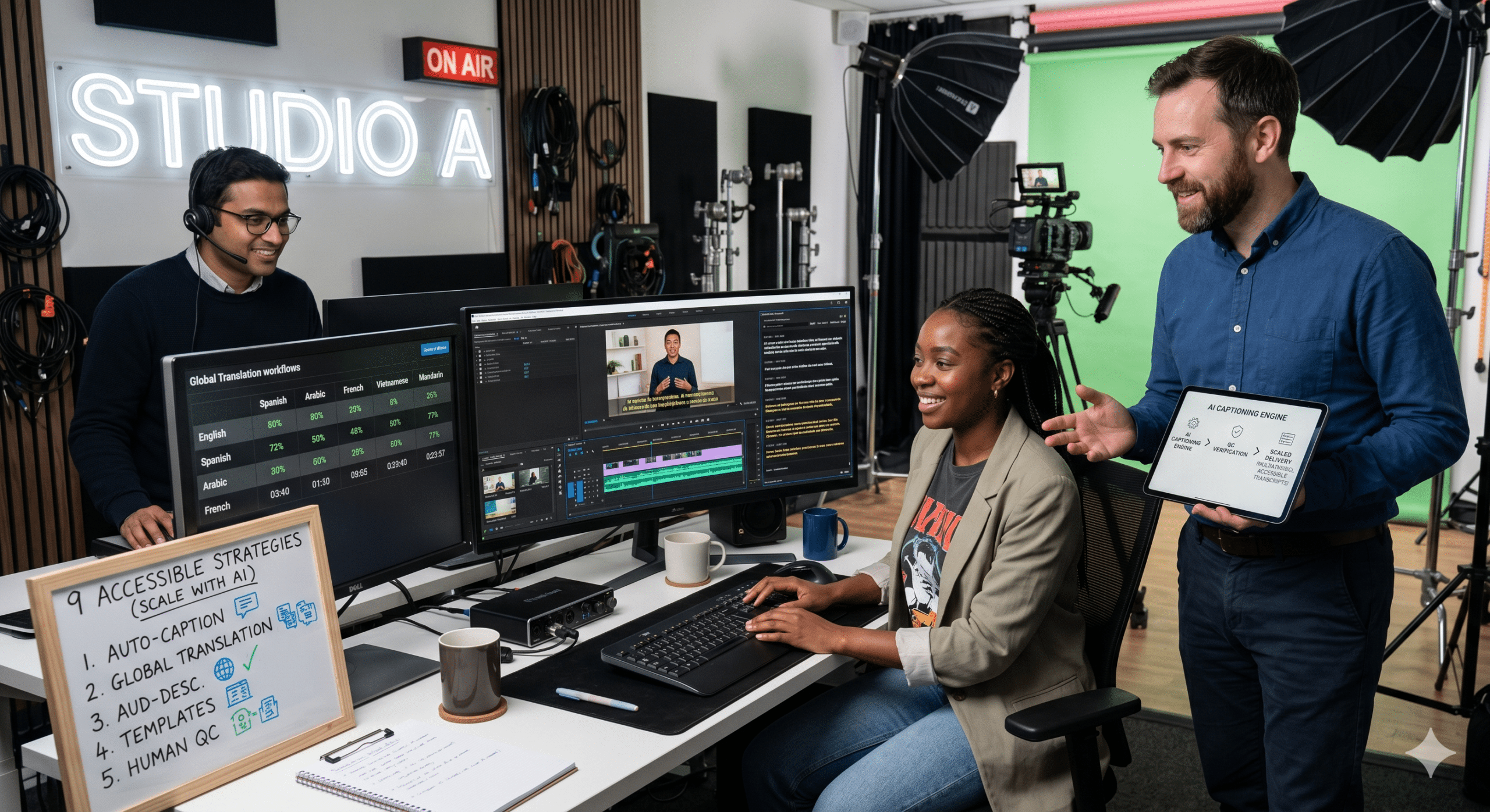 AI-powered video accessibility team creating captions, transcripts, translations, and multilingual subtitles in a professional video production studio.
