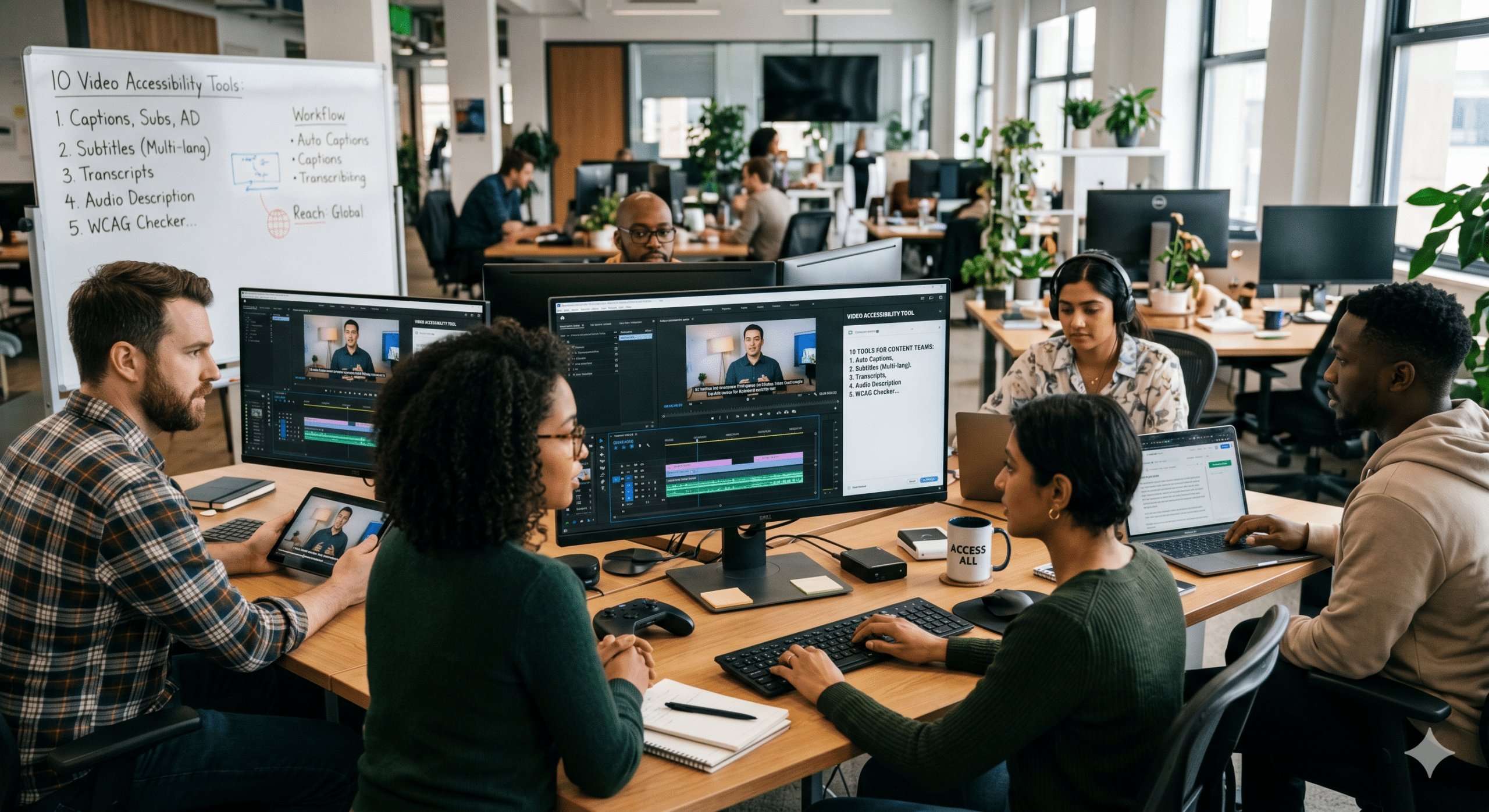 Video accessibility tools team creating AI captions, subtitles, transcripts, and accessible video content in a collaborative editing workspace