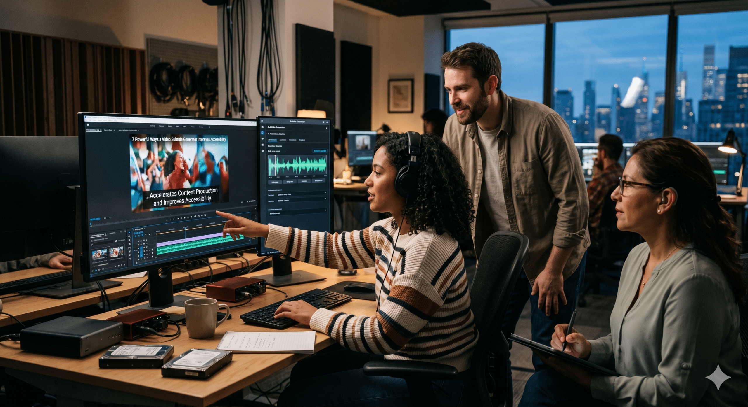 Video production team using a video subtitle generator to create captions and improve accessibility during post-production editing