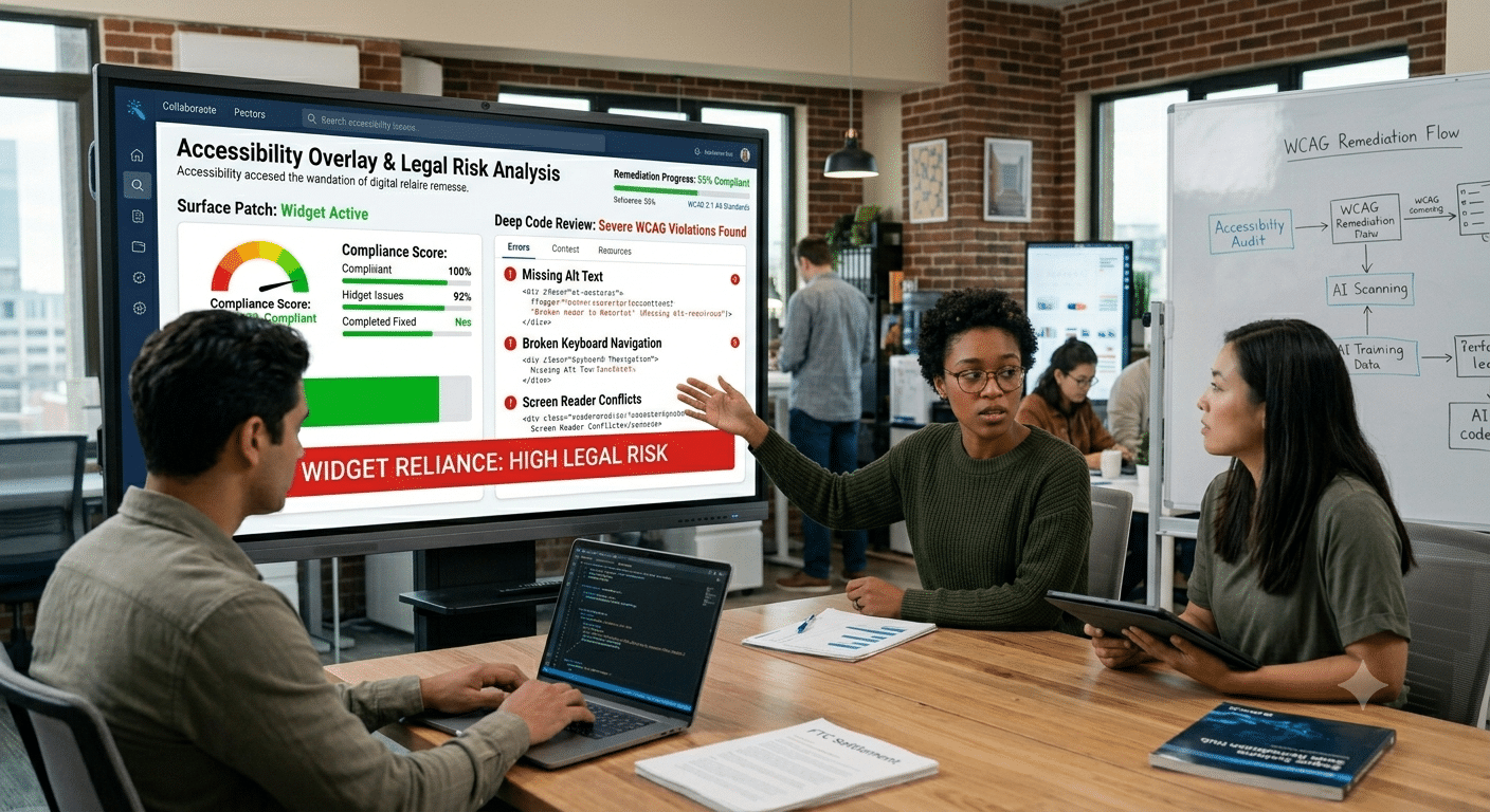 Creative team reviewing a digital presentation on the legal and compliance risks of a website accessibility widget.