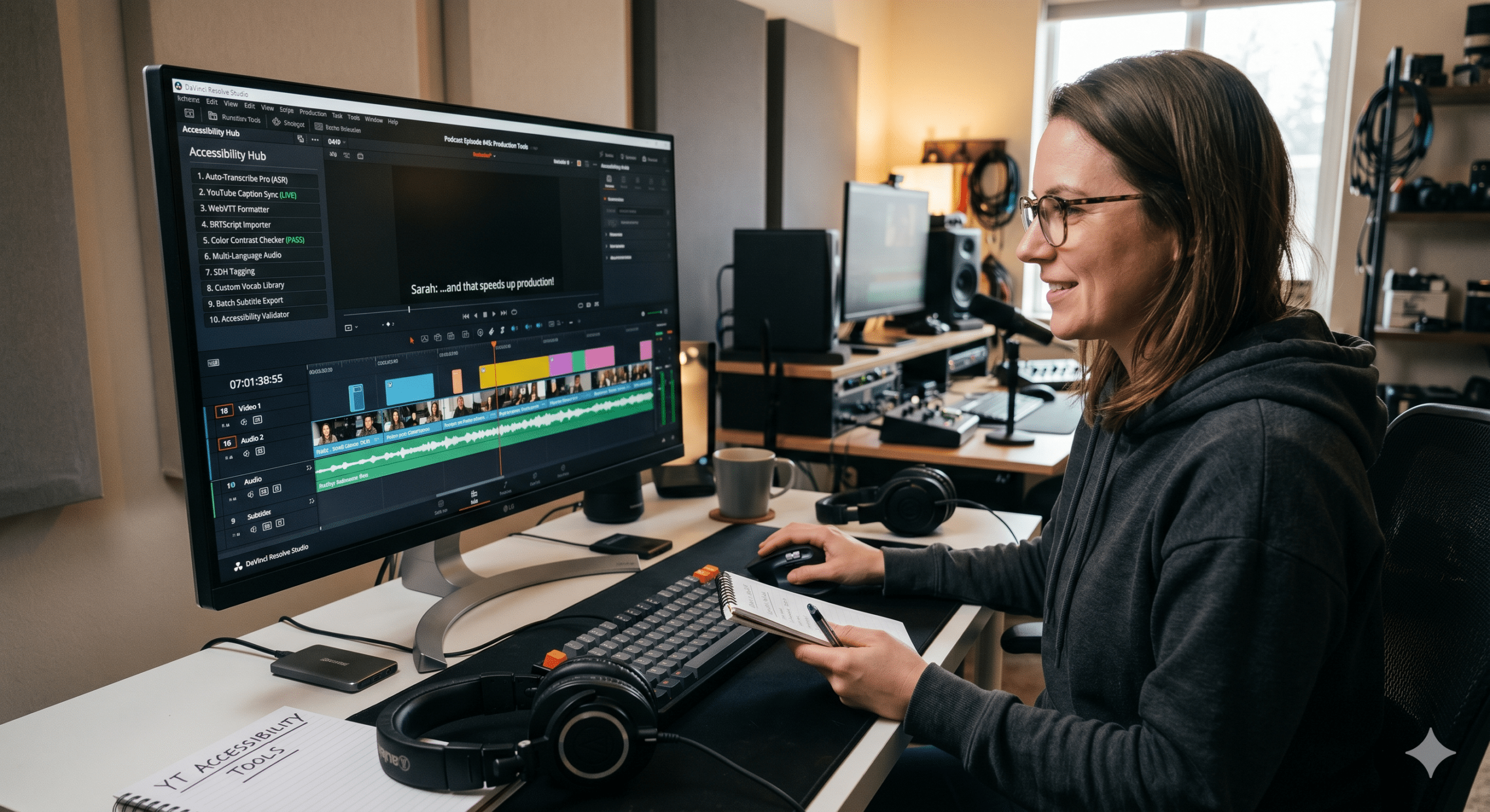 YouTube accessibility tools dashboard inside a video editing workstation showing AI captions, transcription workflows, subtitle management, and video accessibility features