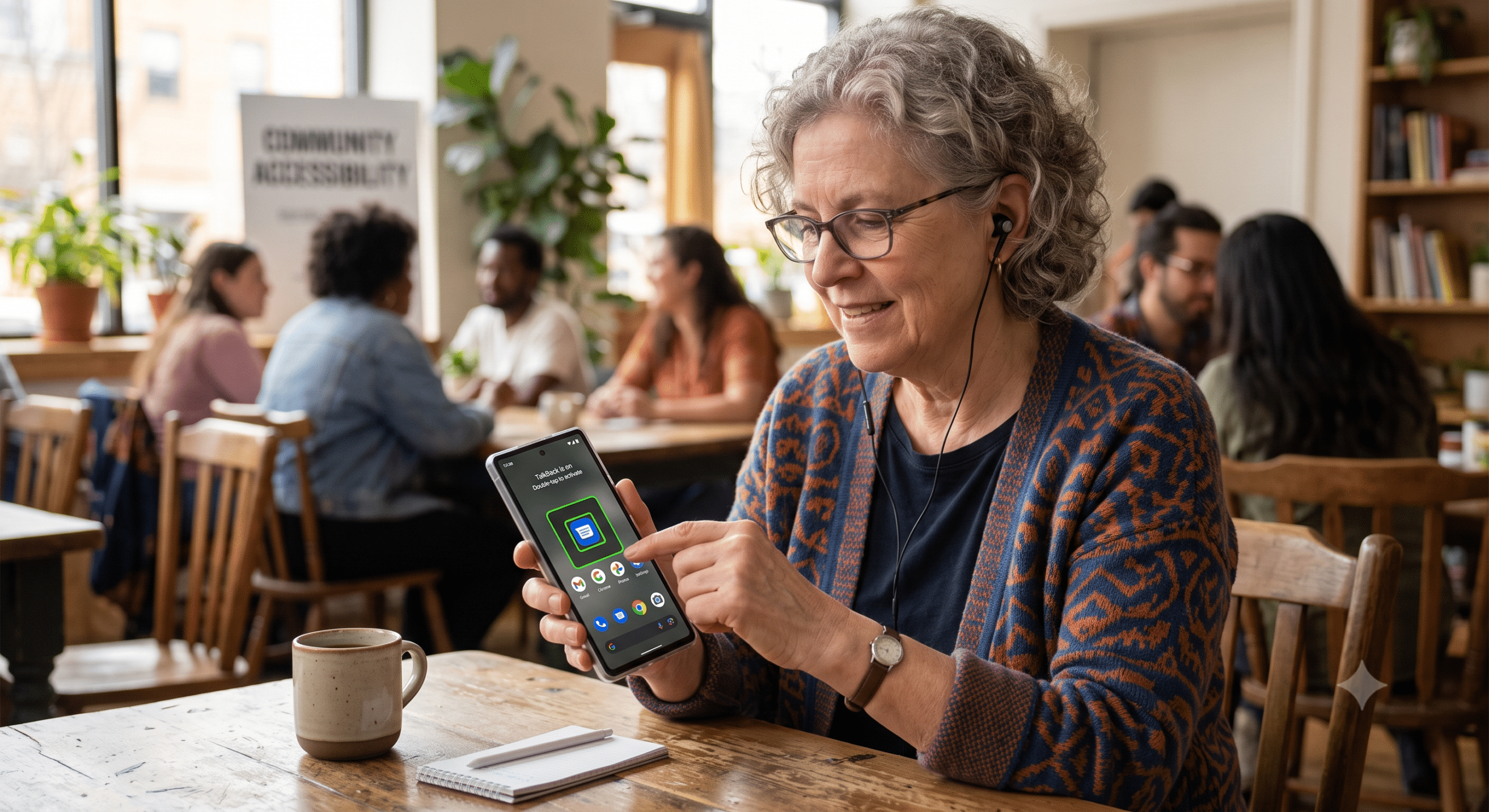 Older woman using Android TalkBack accessibility features on a smartphone with earphones, demonstrating screen reader navigation in a community setting.