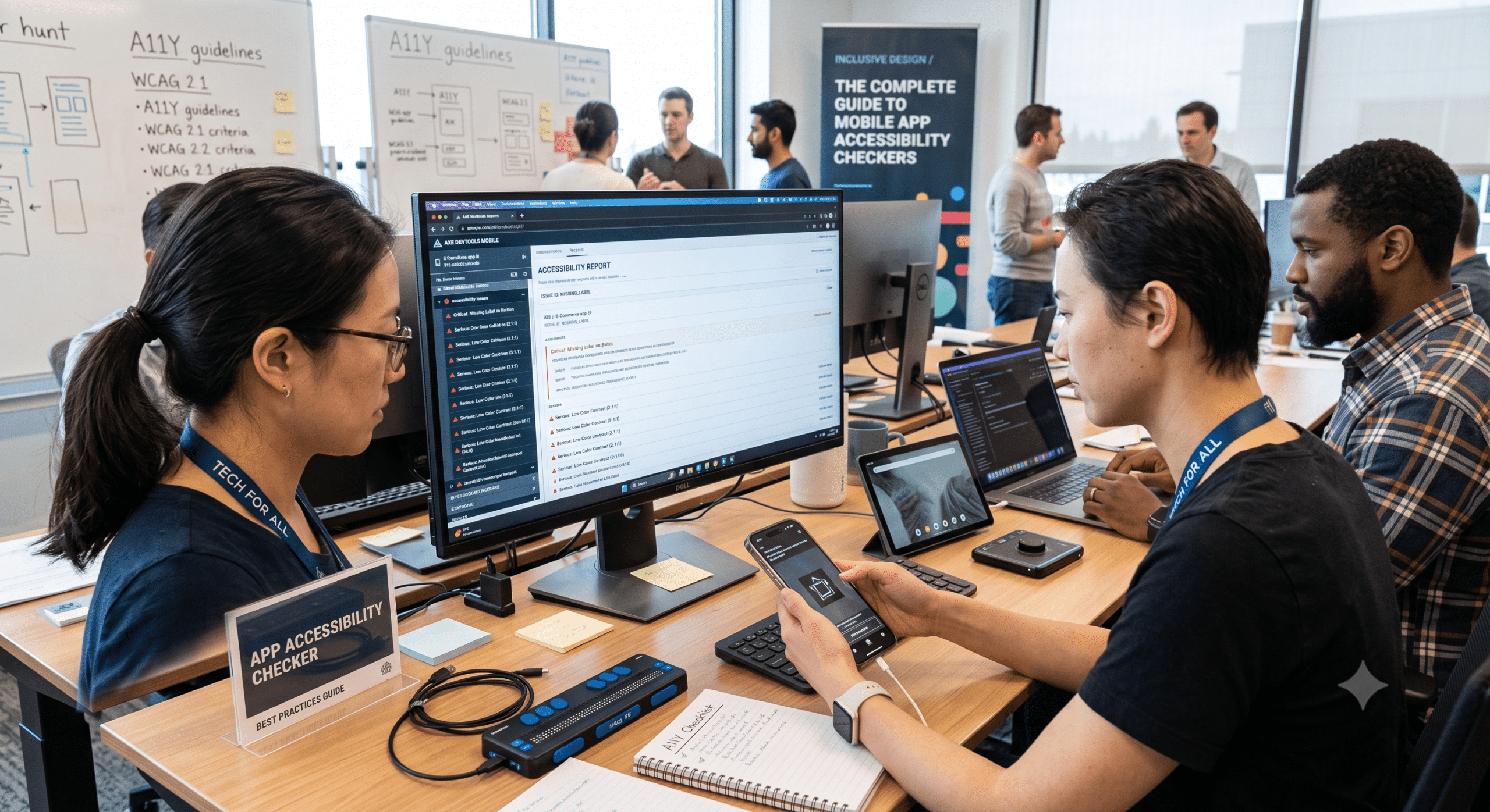 App accessibility checker in use during a mobile app accessibility testing session, with developers reviewing accessibility reports, WCAG guidelines, and smartphone interfaces to improve inclusive mobile UX.