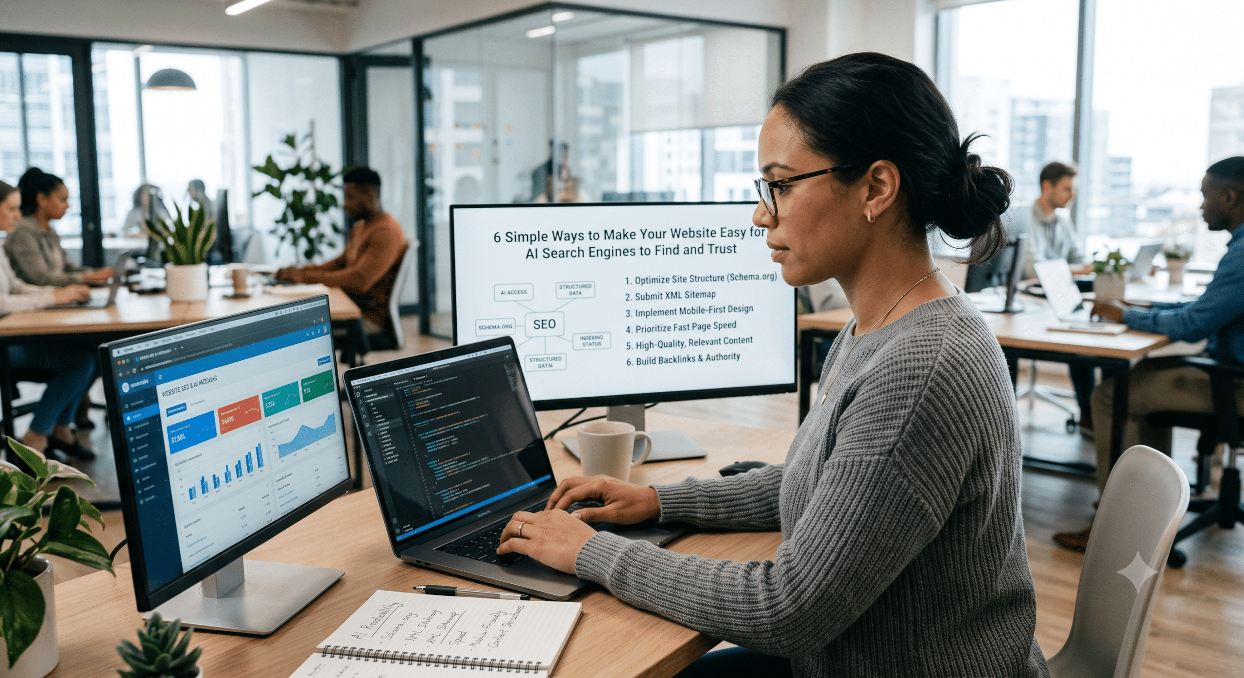 Accessibility for AI search and generative engines specialist optimizing website SEO, structured data, and semantic content in a modern office.