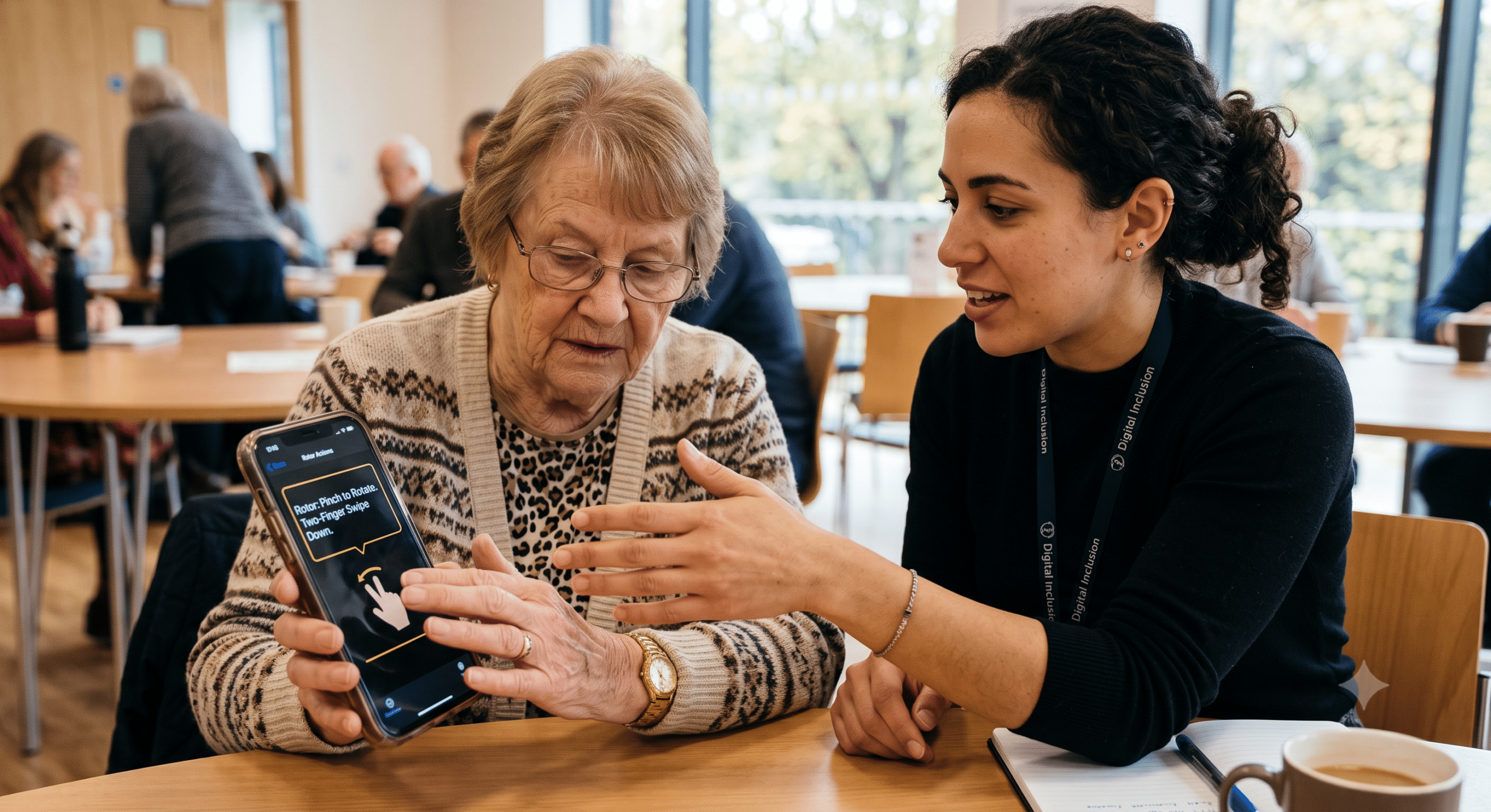 Older adult learning accessibility gestures on a smartphone with guidance from a digital accessibility instructor during a mobile app training session.