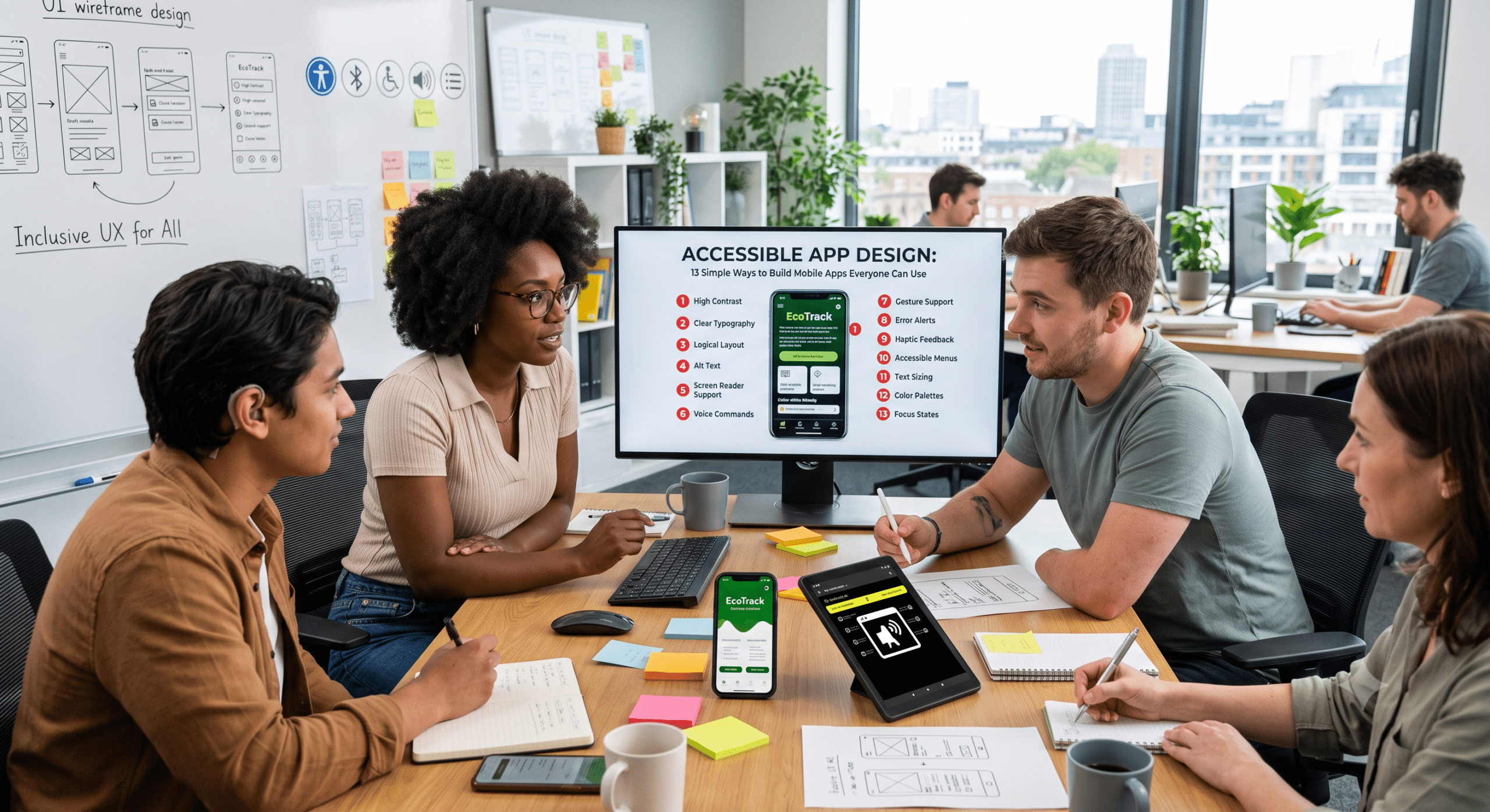 Accessible app design team collaborating on inclusive mobile app UX with accessibility features like screen reader support, high contrast, and responsive interface design.