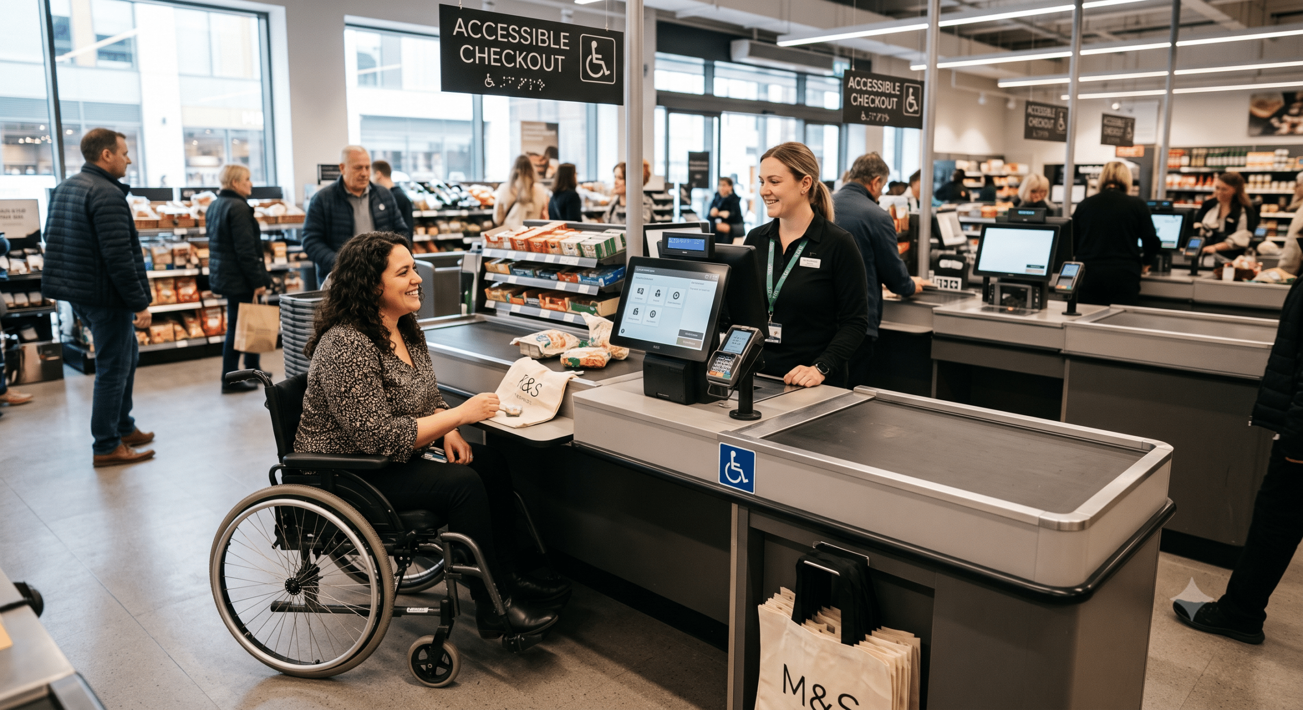 Accessible checkout design in a modern retail store showing a wheelchair user completing a purchase at an inclusive checkout counter with accessible payment technology and customer assistance.