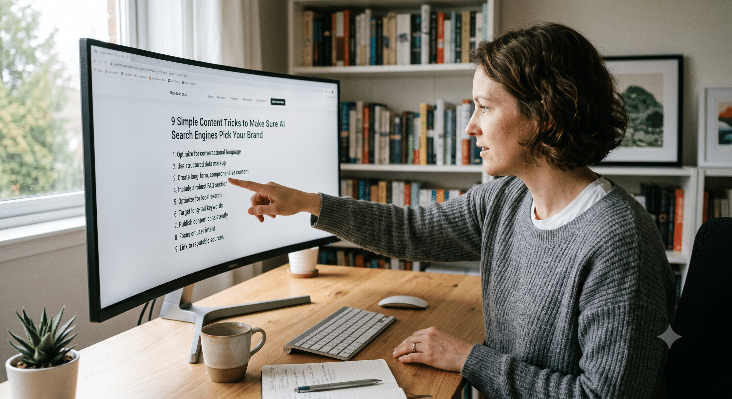 Content strategist creating AI-accessible website content with semantic SEO, structured data, and conversational content optimization.