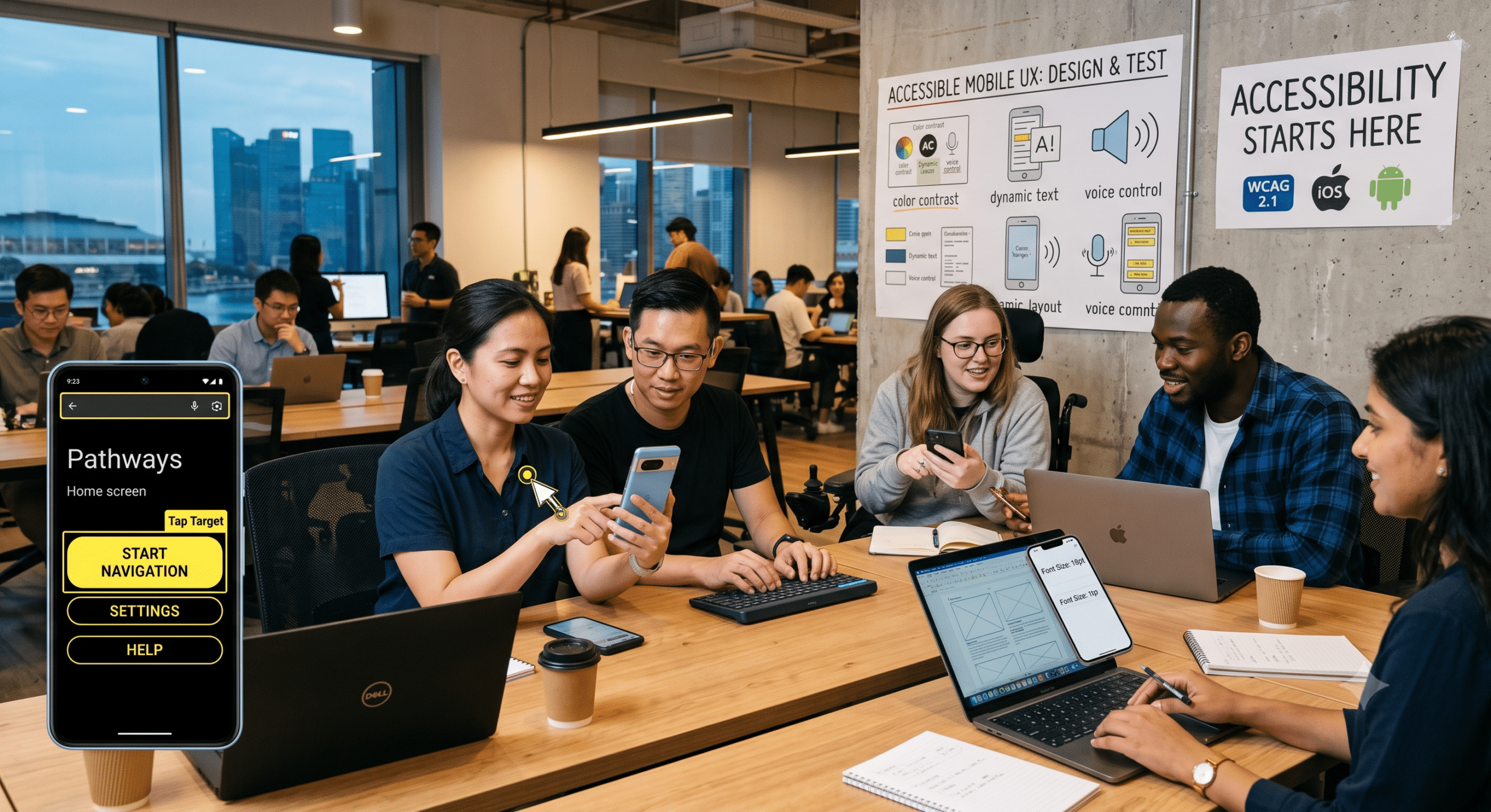 Accessible mobile UX team testing a mobile app with large touch targets, dynamic text, screen reader support, and accessibility best practices in a collaborative office.