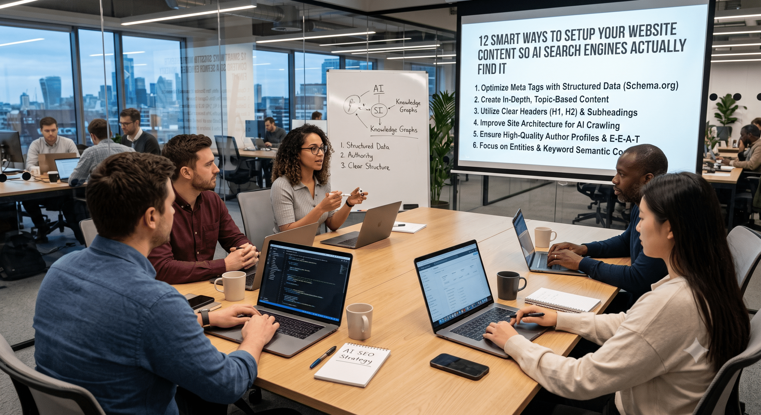 Team collaborating on accessible structured content for AI search engines using semantic SEO, structured data, knowledge graphs, and AI-friendly website architecture.