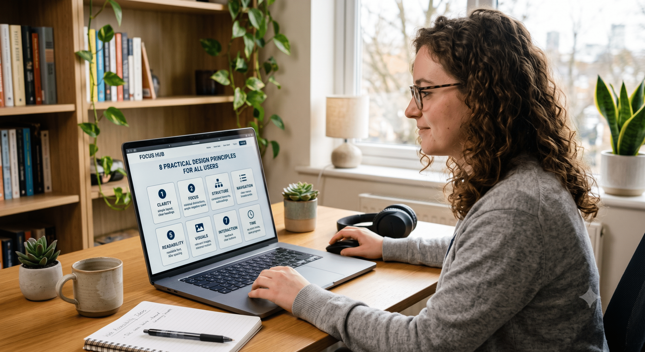 ADHD accessible websites design shown on a laptop with a user reviewing neuroinclusive UX principles in a modern home office workspace.