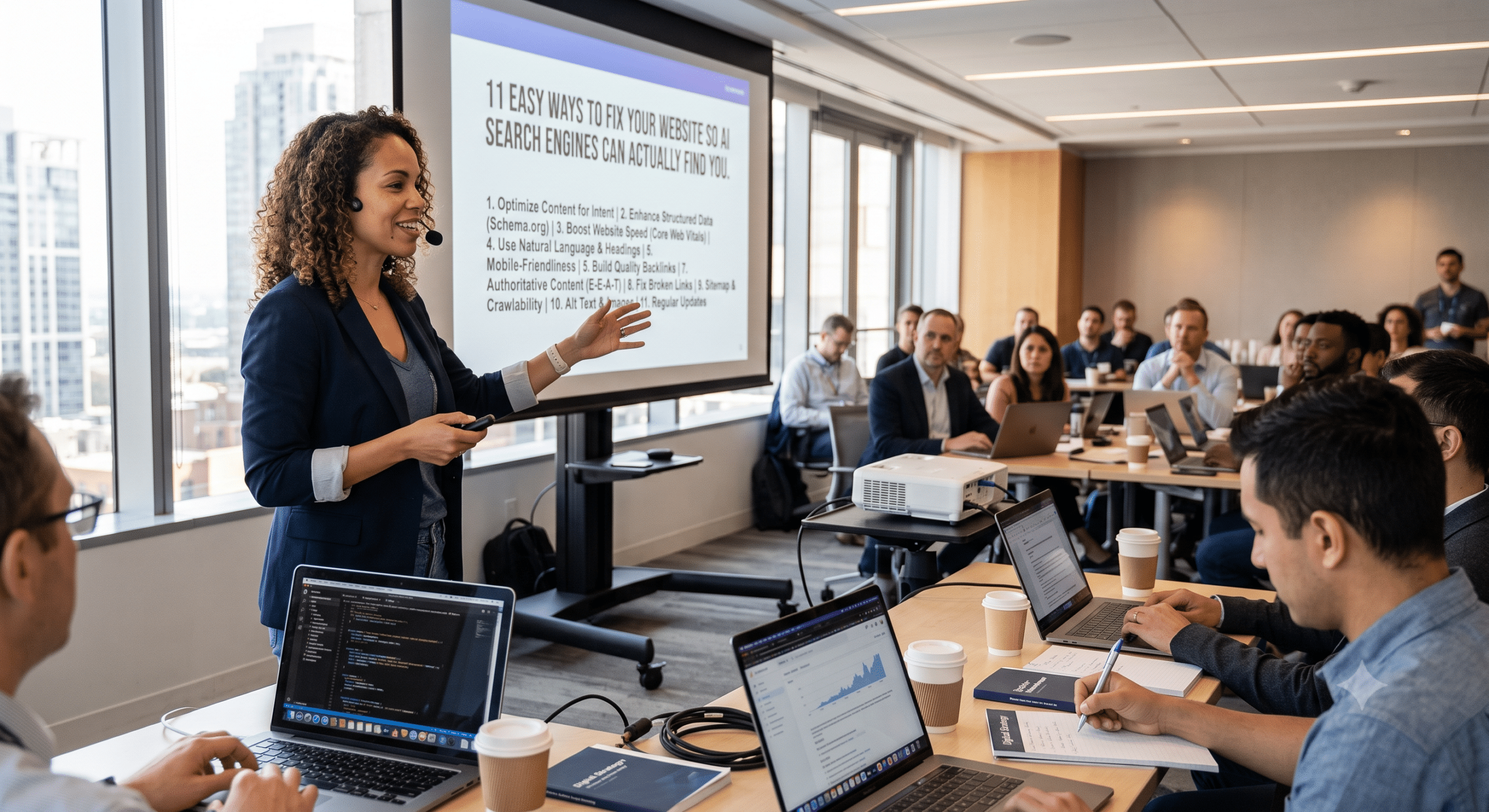 AI crawler optimization workshop showing technical SEO, structured data, semantic content, and website accessibility strategies for AI search engines.