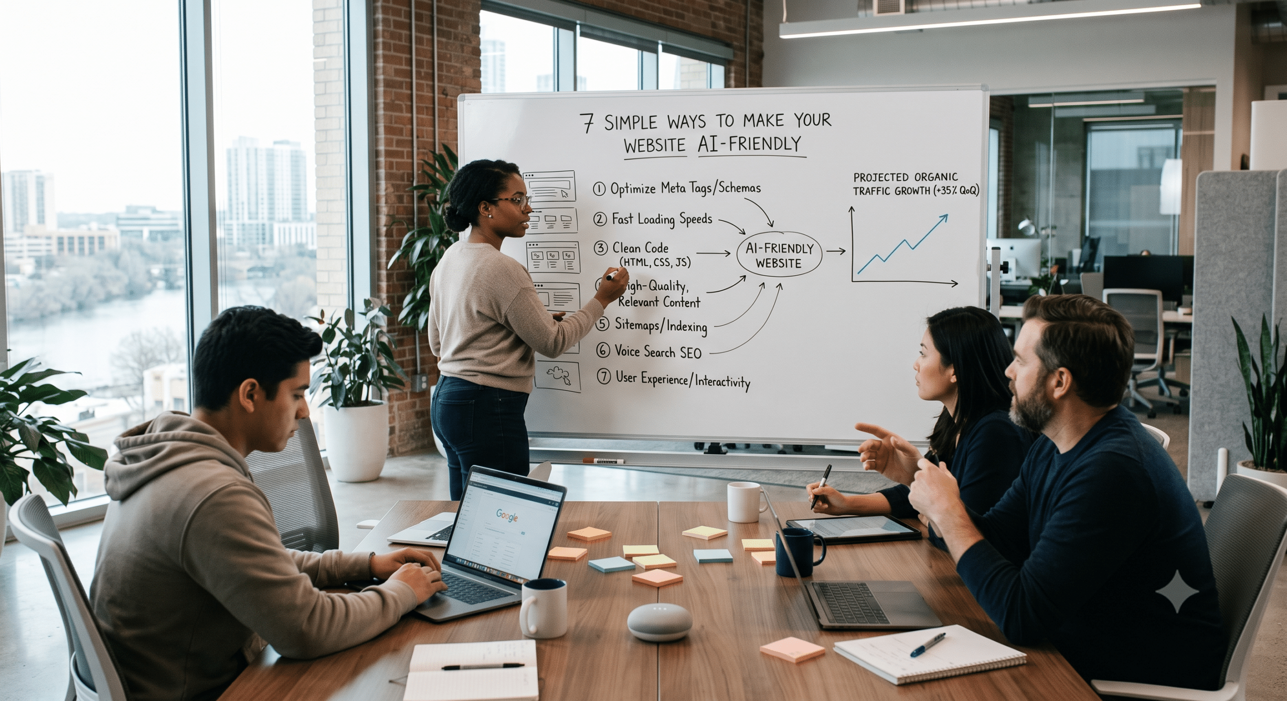 Team discussing AI-readable website optimization with SEO, structured data, site performance, and accessibility strategies during a planning session.