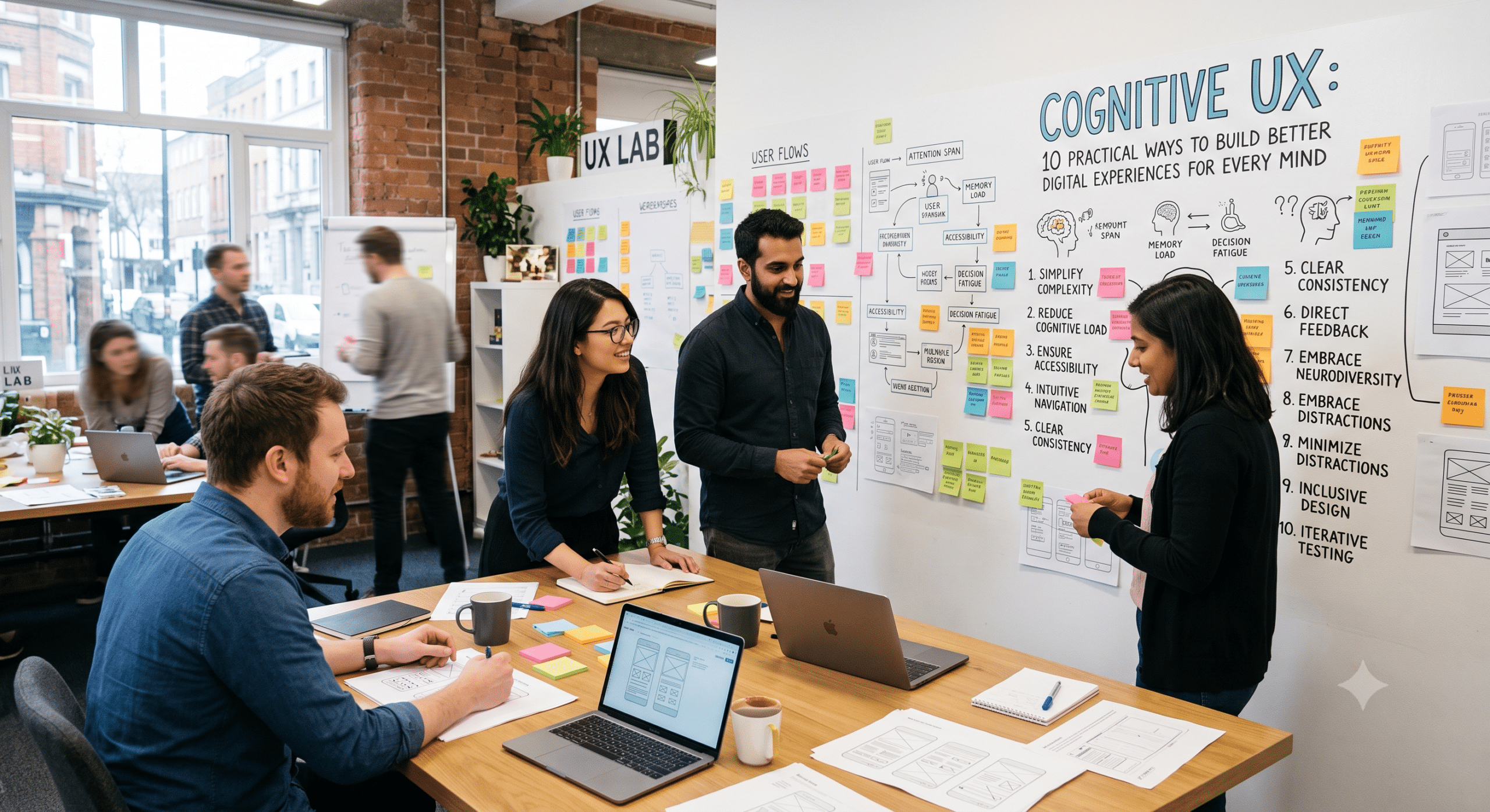 Cognitive UX workshop with a neuroinclusive UX team collaborating on user research, accessibility planning, wireframes, and cognitive accessibility principles in a modern design studio.