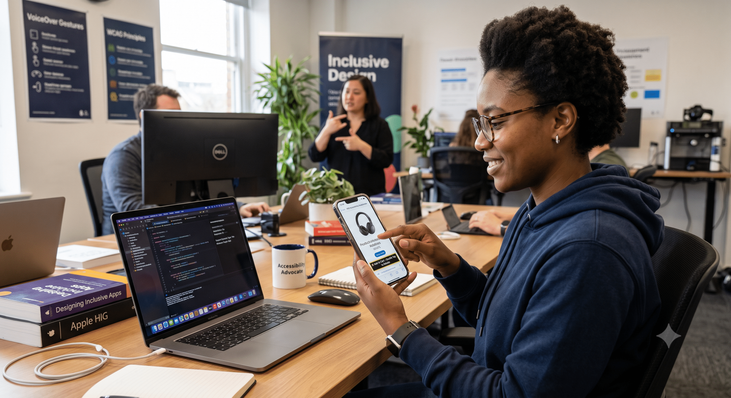 Developer testing an iPhone application while following IOS accessibility guidelines with VoiceOver, inclusive design practices, and Apple Human Interface Guidelines in a collaborative workspace