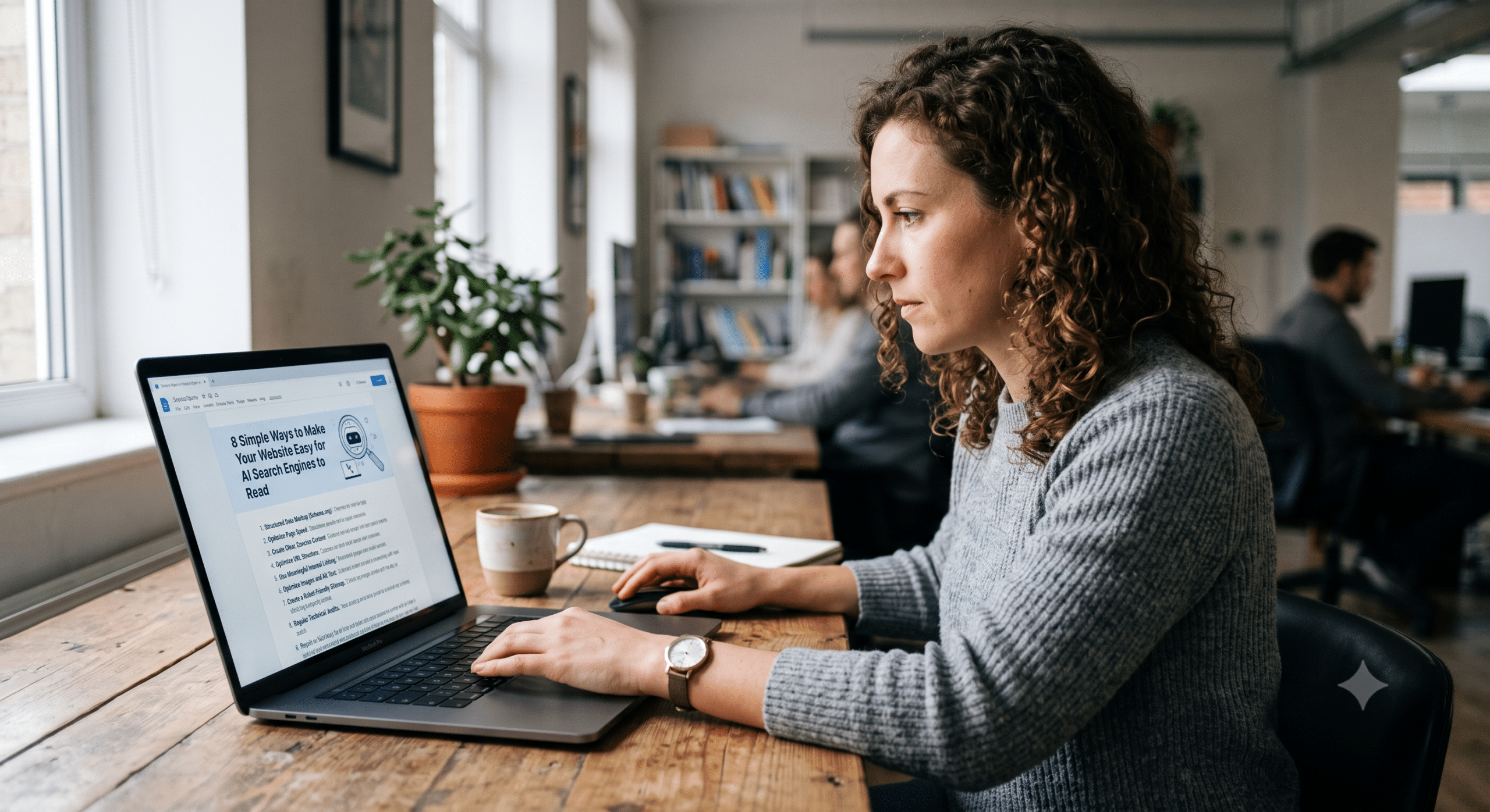 Content strategist improving website accessibility for AI search engines with semantic SEO, structured content, and machine-readable optimization.