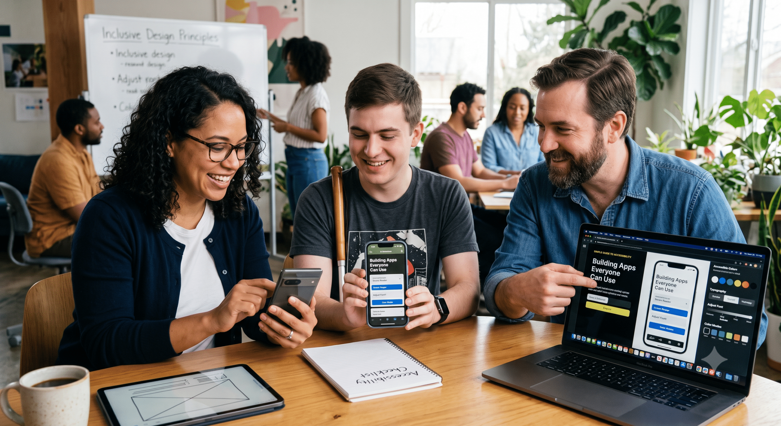 Mobile app accessibility team testing inclusive design features on smartphone and laptop applications for better usability and accessibility compliance.