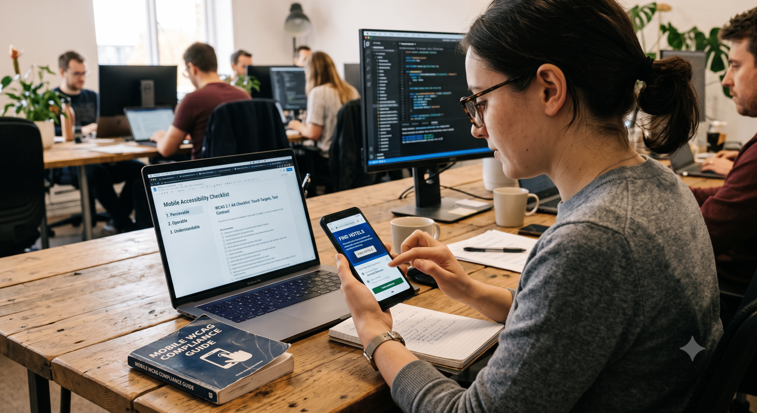 Developer testing a mobile app for Mobile WCAG compliance using an accessibility checklist on a laptop while reviewing touch targets, color contrast, and screen reader compatibility in a modern office.
