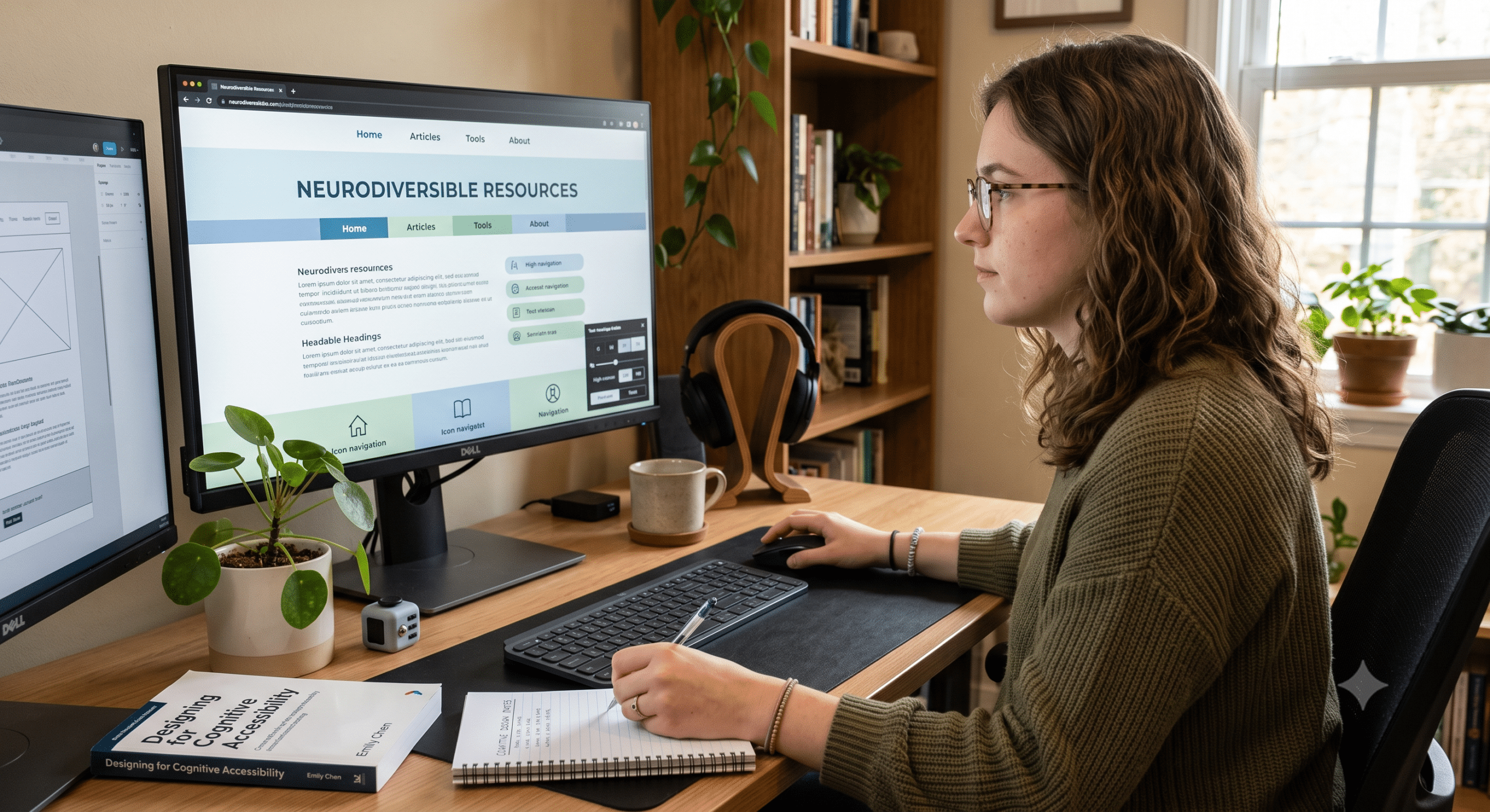 Neuroinclusive UX researcher testing neurodivergent web design with a cognitive accessibility website interface on a desktop computer