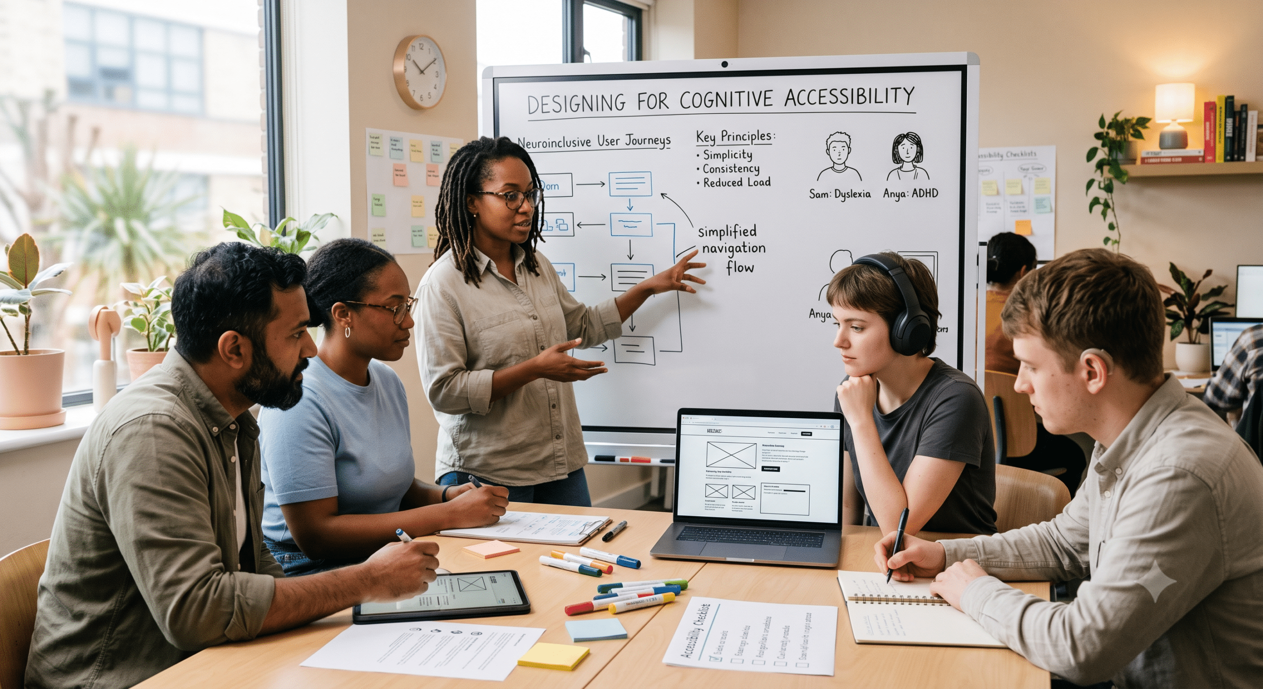 Neuroinclusive design workshop showing a UX research team collaborating on cognitive accessibility principles, simplified user journeys, and inclusive interface design for neurodivergent users.