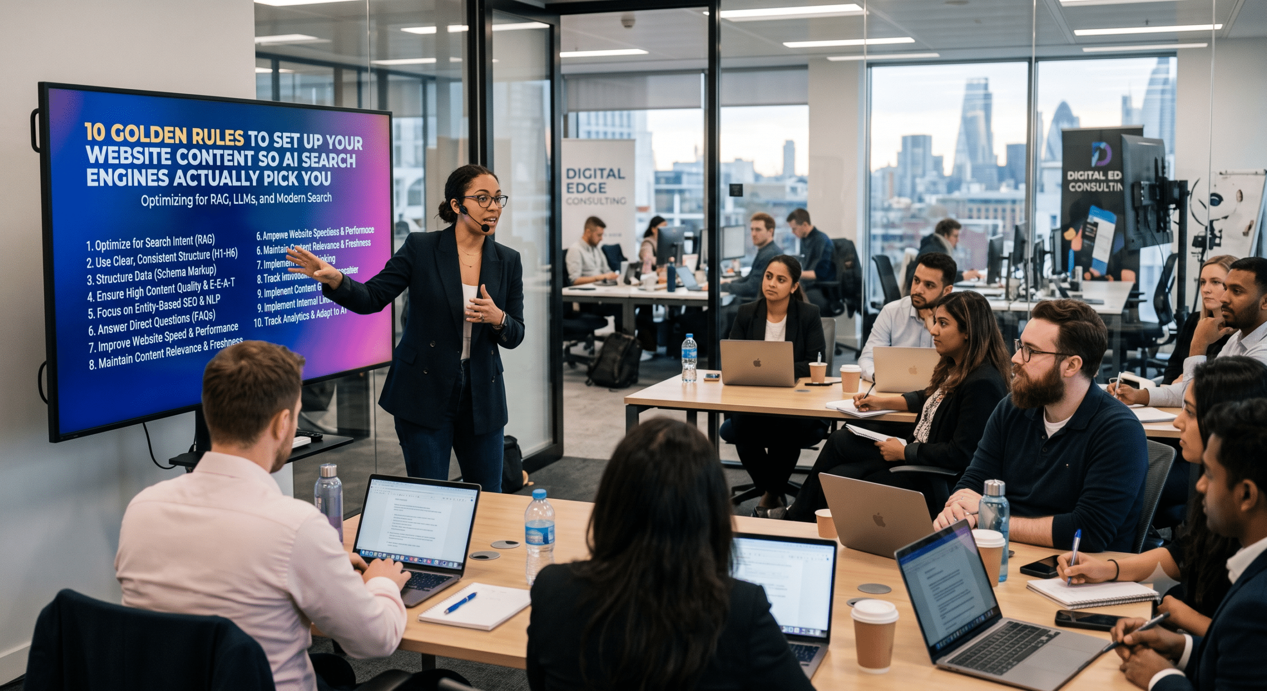 Digital marketing team learning semantic accessibility for AI search engines, RAG, LLM optimization, structured data, and AI-friendly website content.