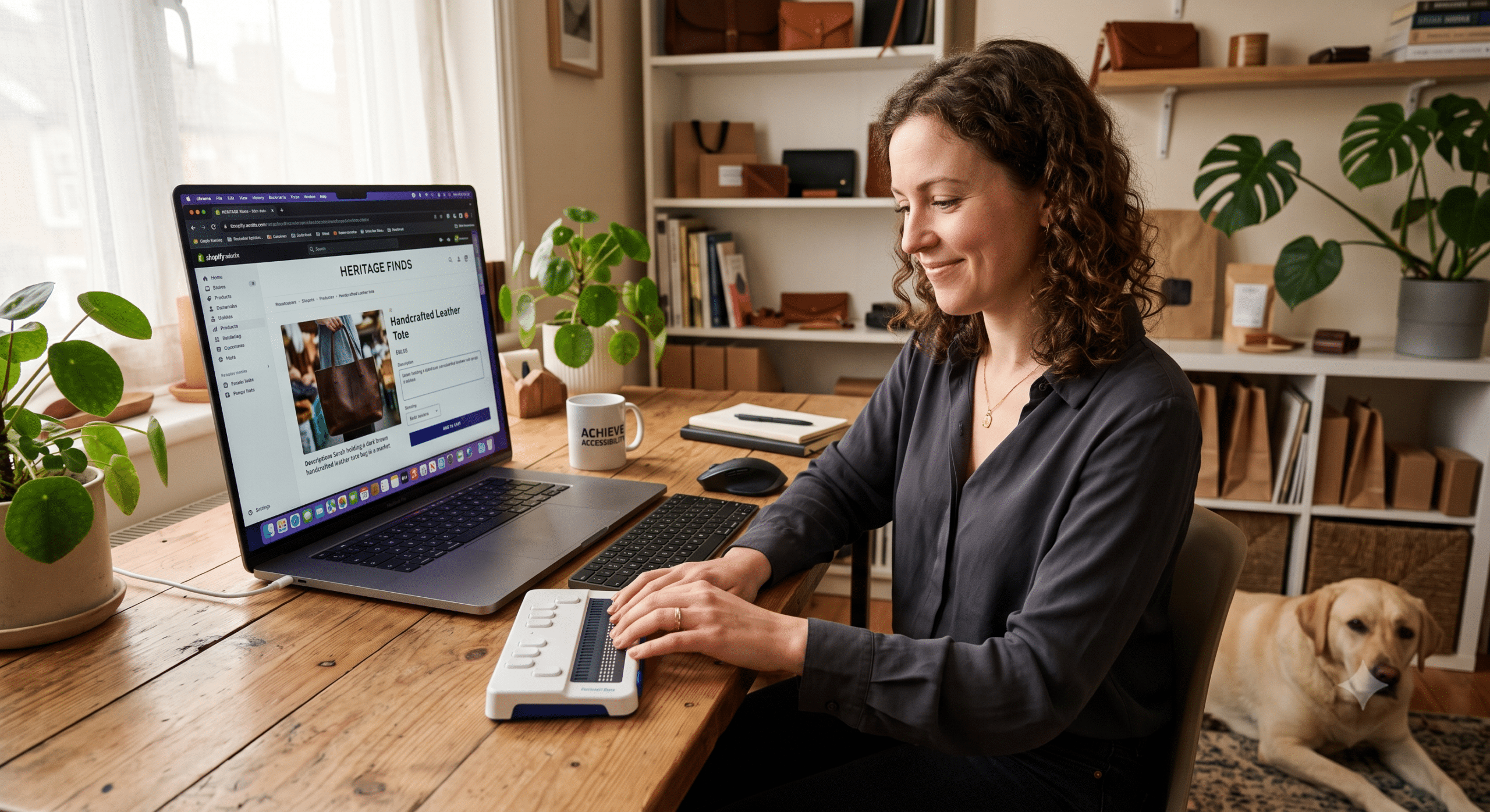 Shopify accessibility consultant testing an accessible ecommerce store with a refreshable braille display to improve user experience and conversion optimization