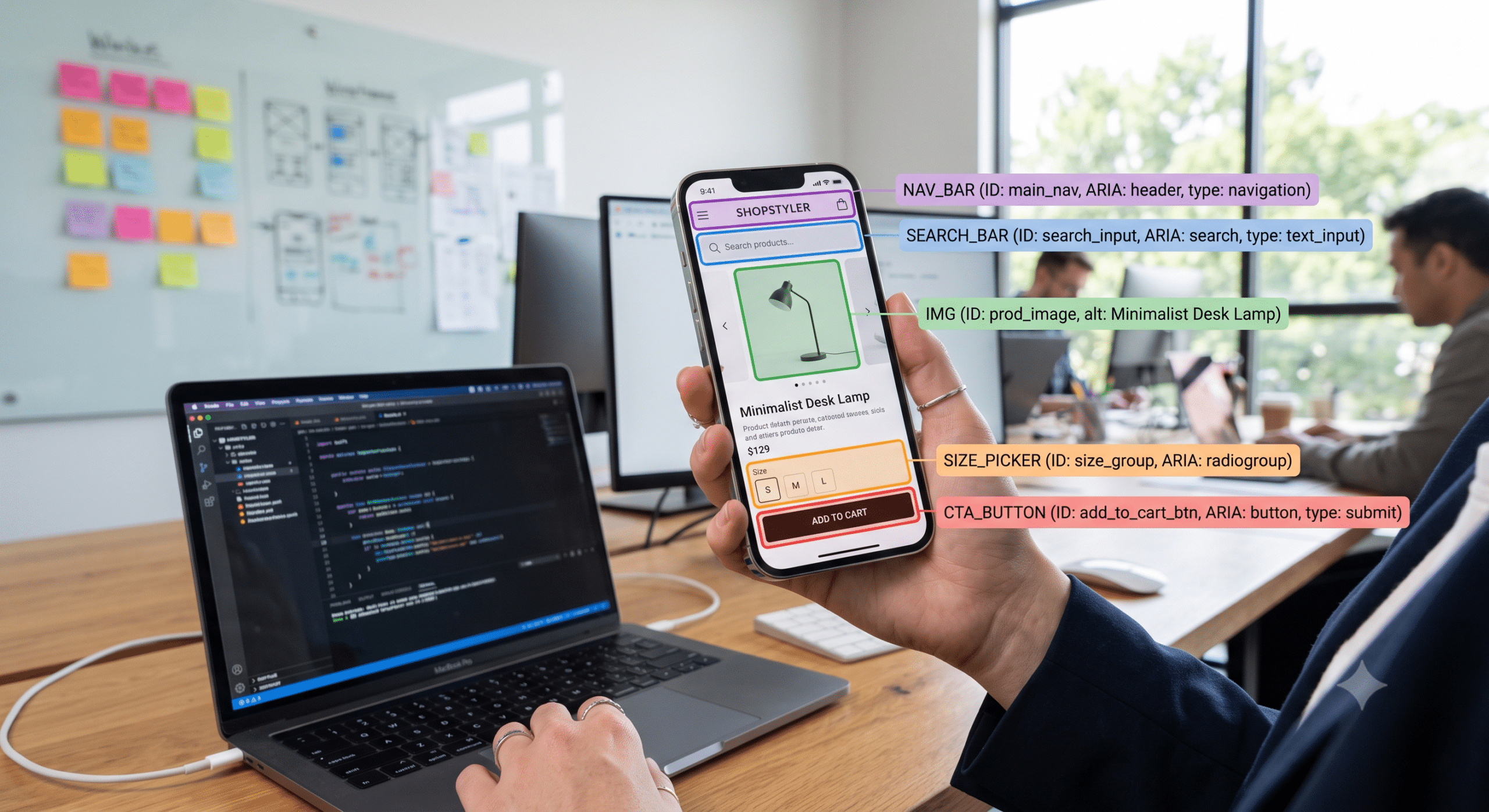 VoiceOver accessibility iOS example showing an e-commerce app interface with accessibility labels, ARIA roles, descriptive image alt text, searchable navigation, and accessible buttons displayed on an iPhone during mobile app development.