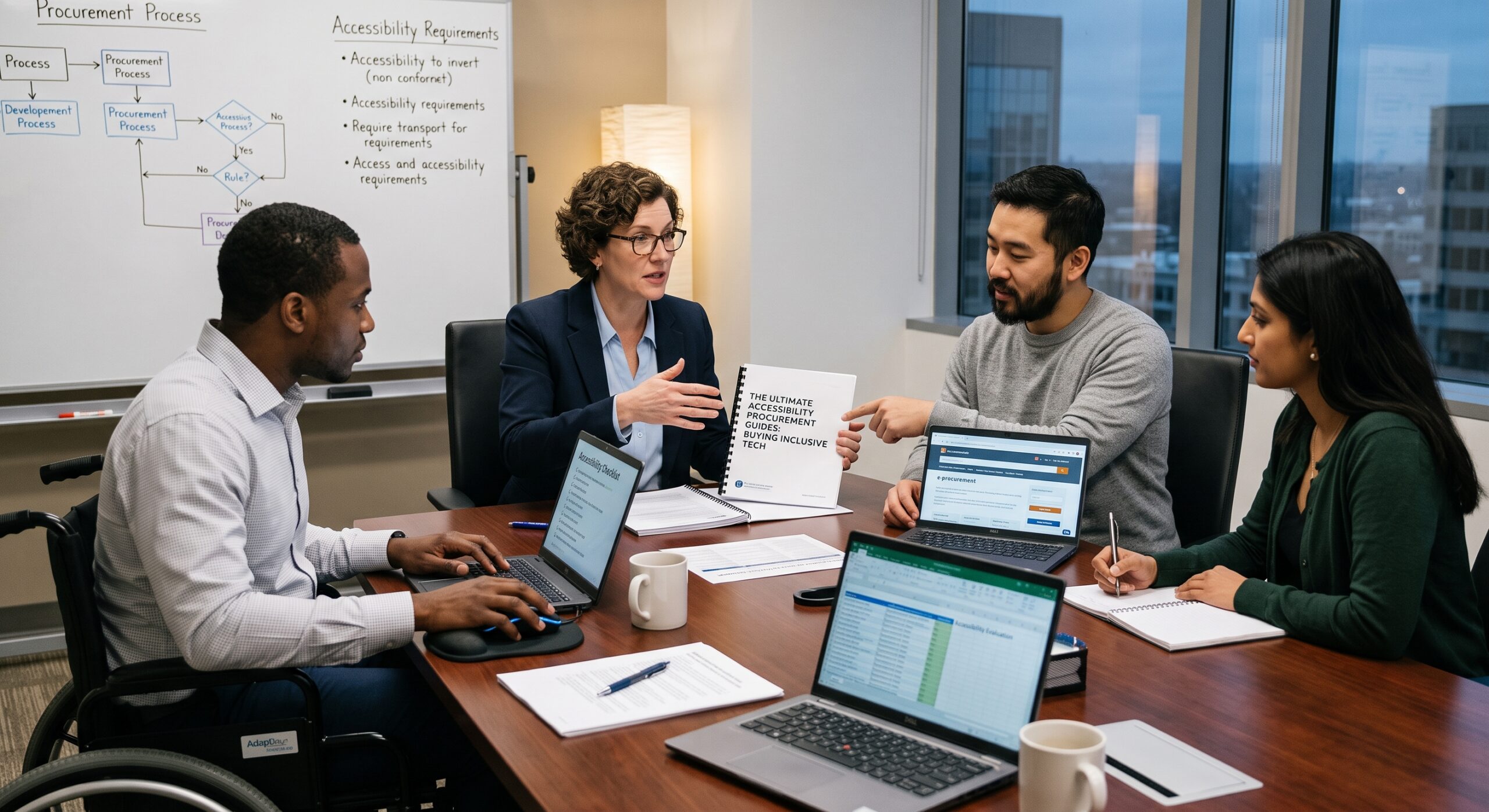 Diverse business team discussing accessibility procurement requirements with laptops, procurement documents, and an inclusive technology guide