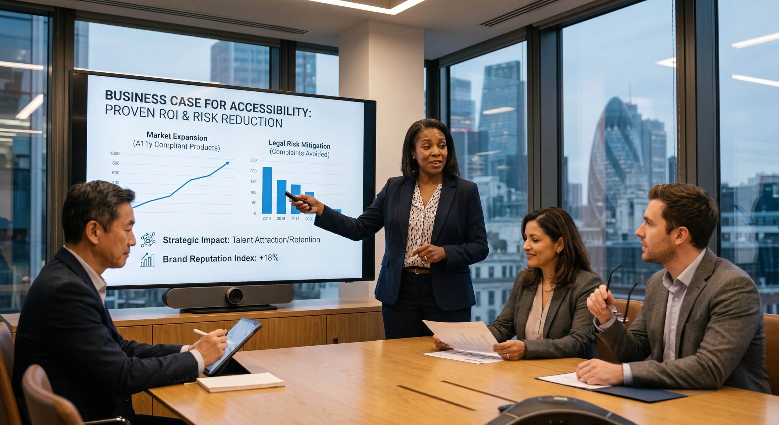 Business team discussing accessibility ROI with a presentation showing market expansion, legal risk reduction, talent retention, and brand impact