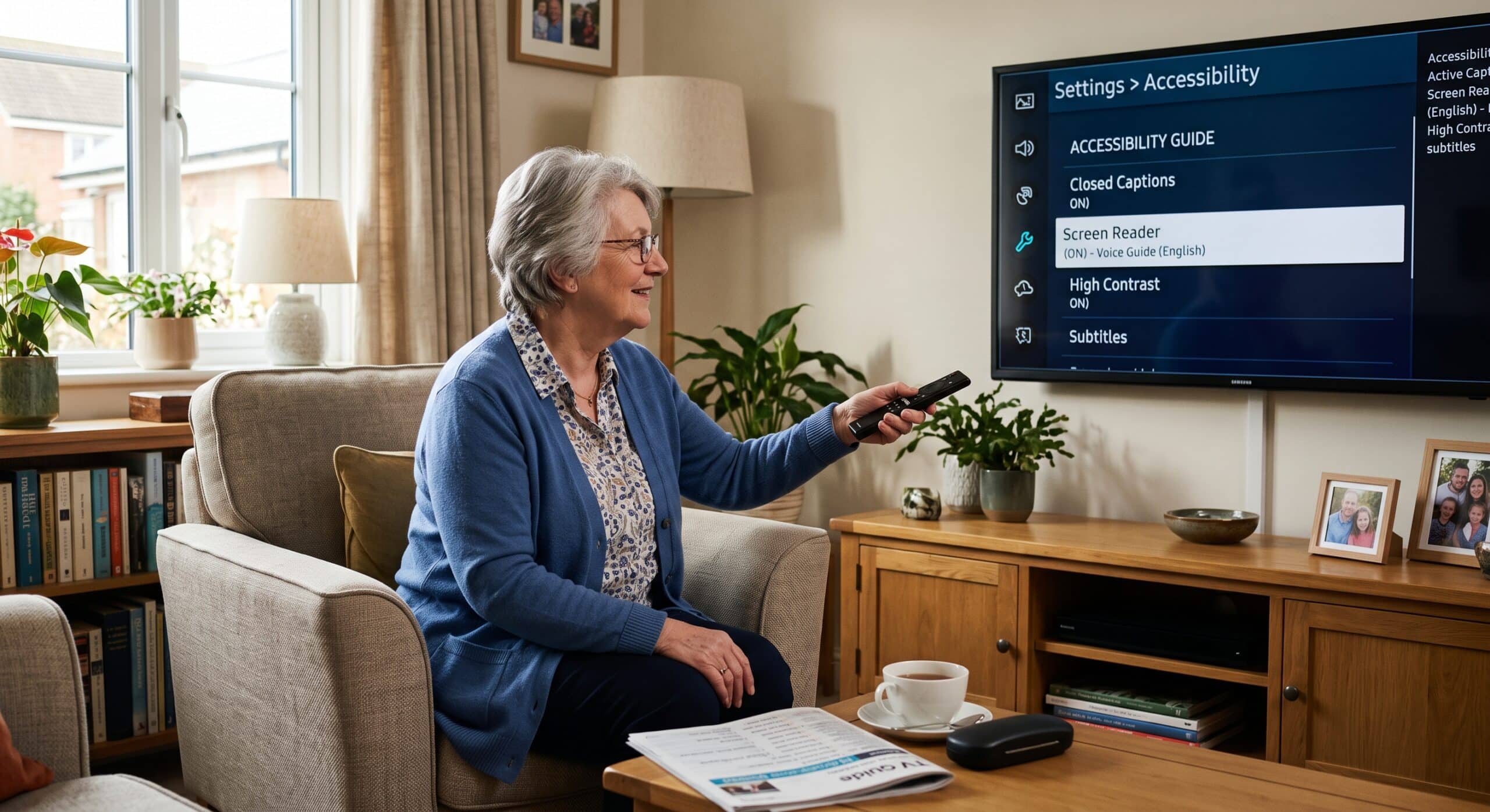 Older woman using a smart TV accessibility menu with screen reader, closed captions, subtitles, and high contrast settings