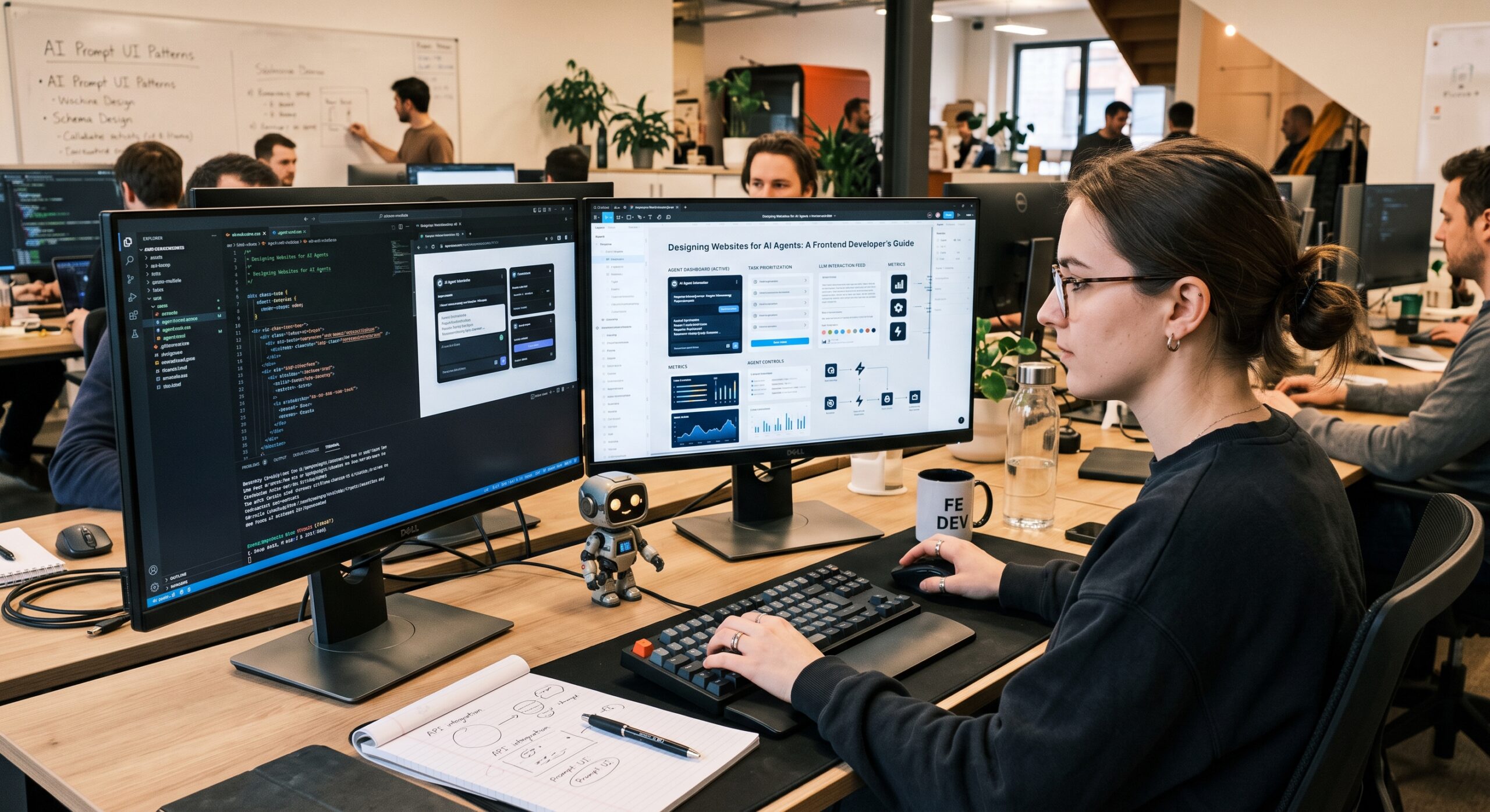 Frontend developer designing websites for AI agents with code and AI interface dashboards on dual monitors
