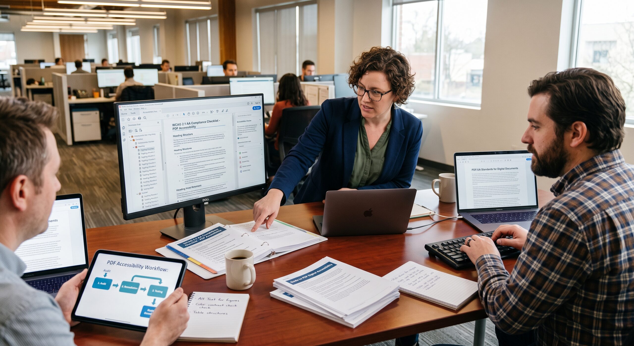 Accessibility team reviewing PDF accessibility compliance with WCAG 2.2 guidelines, document structure, and accessible PDF workflows
