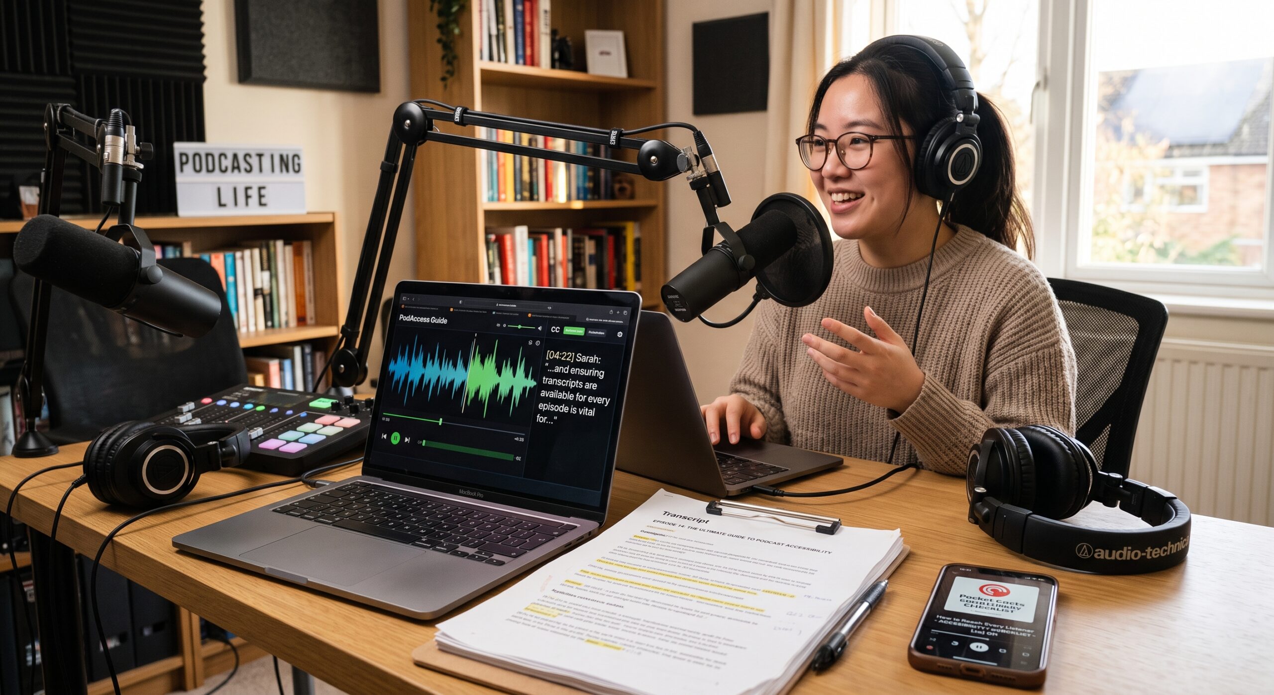 Podcaster recording an accessible podcast with microphones, headphones, audio equipment, and a transcript displayed on
