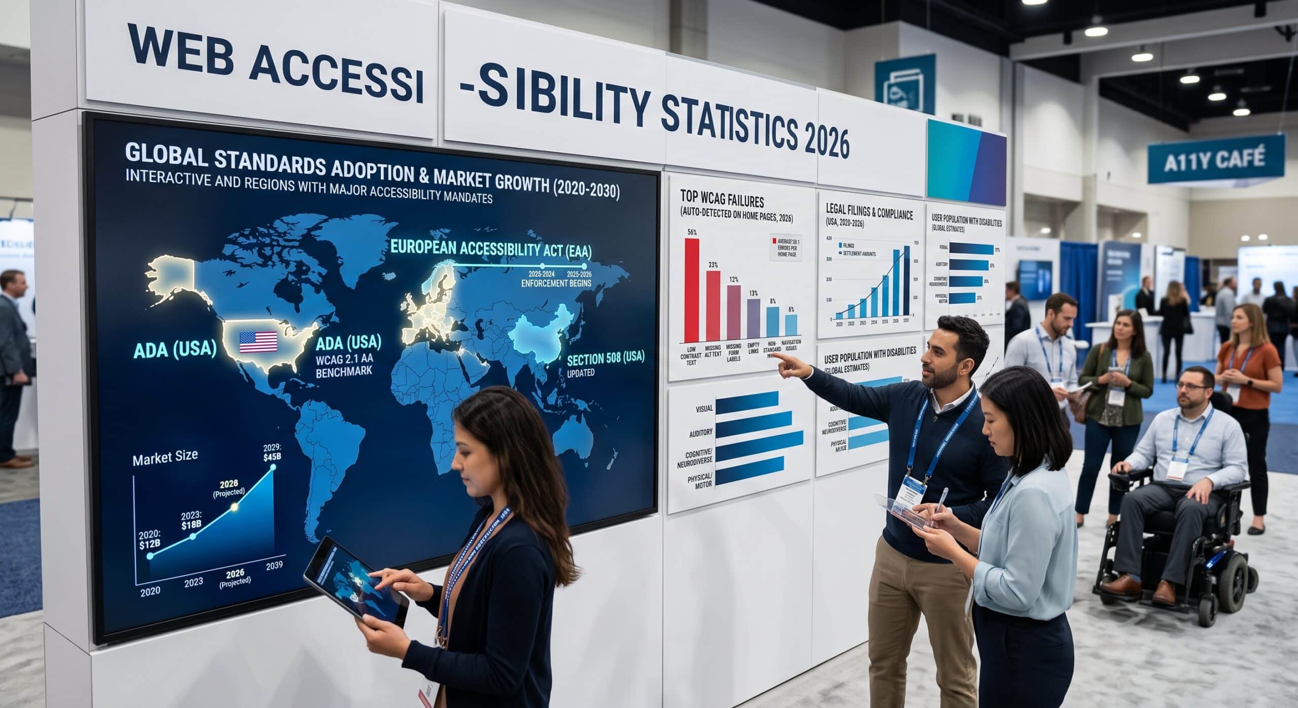 Web accessibility statistics 2026 displayed on global charts showing WCAG adoption, accessibility laws, compliance trends, and disability data