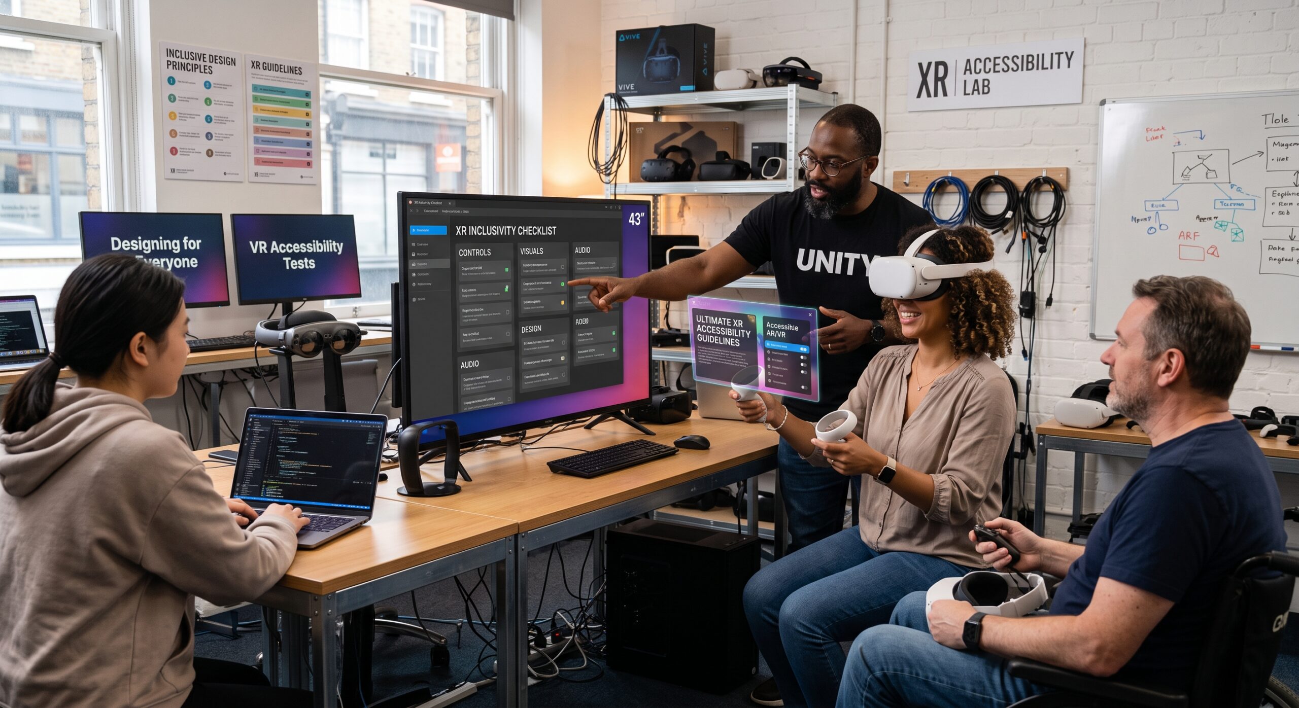 XR accessibility team testing virtual reality interfaces with VR headsets, accessibility guidelines, and an inclusivity checklist
