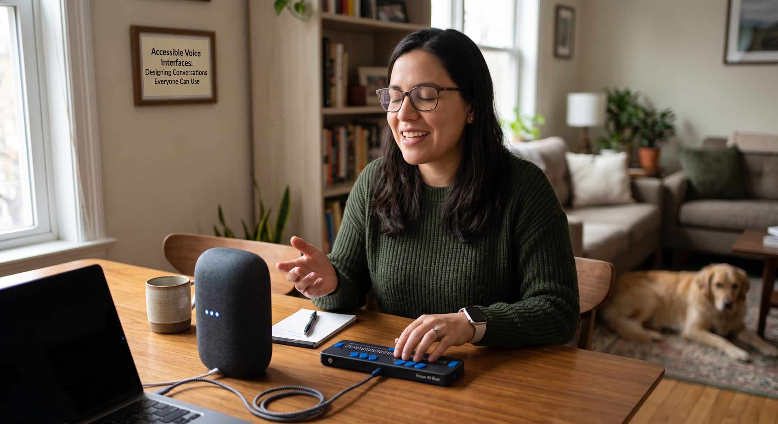 Accessible voice interfaces with a woman using a voice assistant and braille display at home