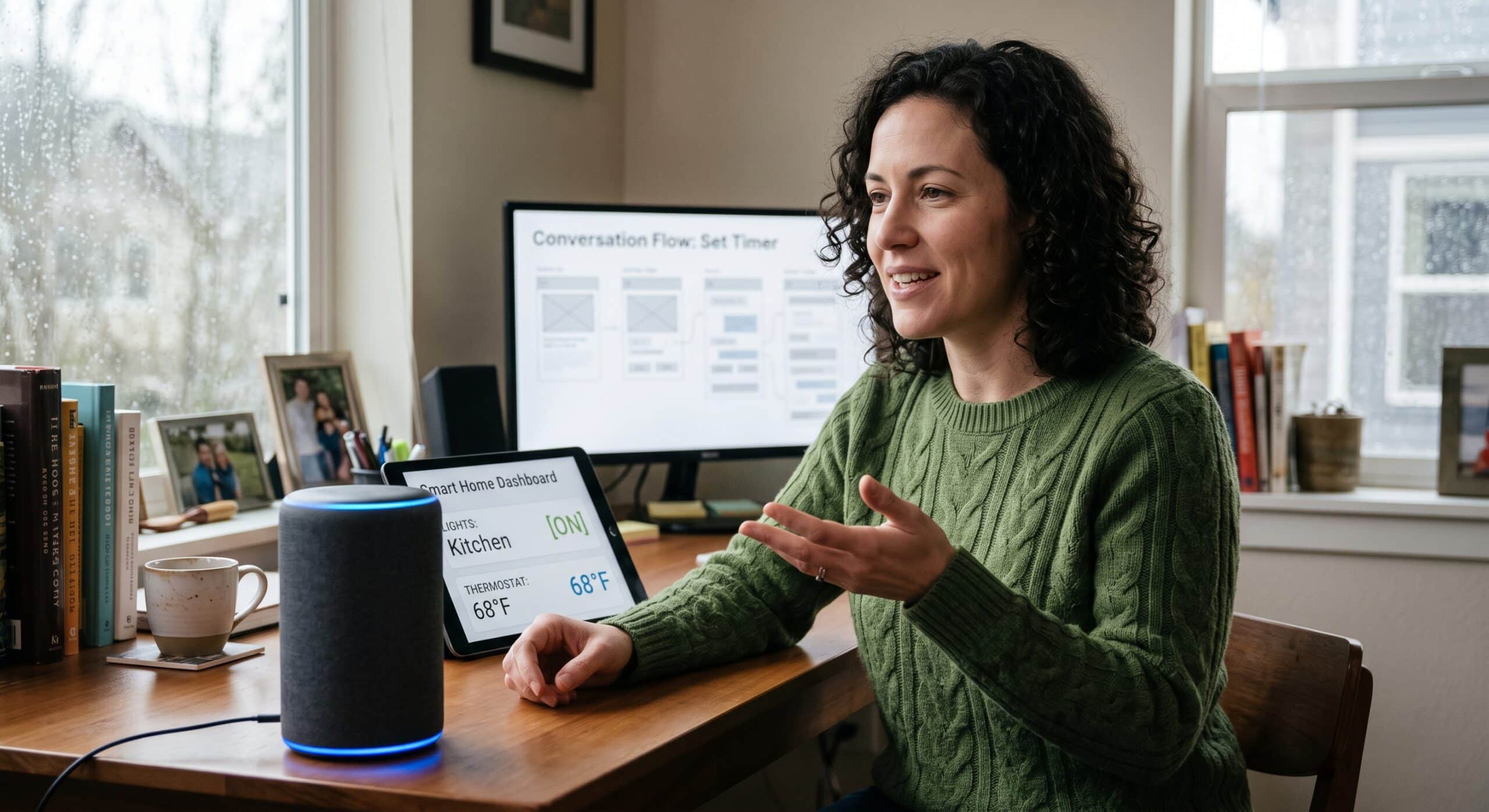 AI voice assistant UX with a woman interacting with a smart home voice interface and dashboard