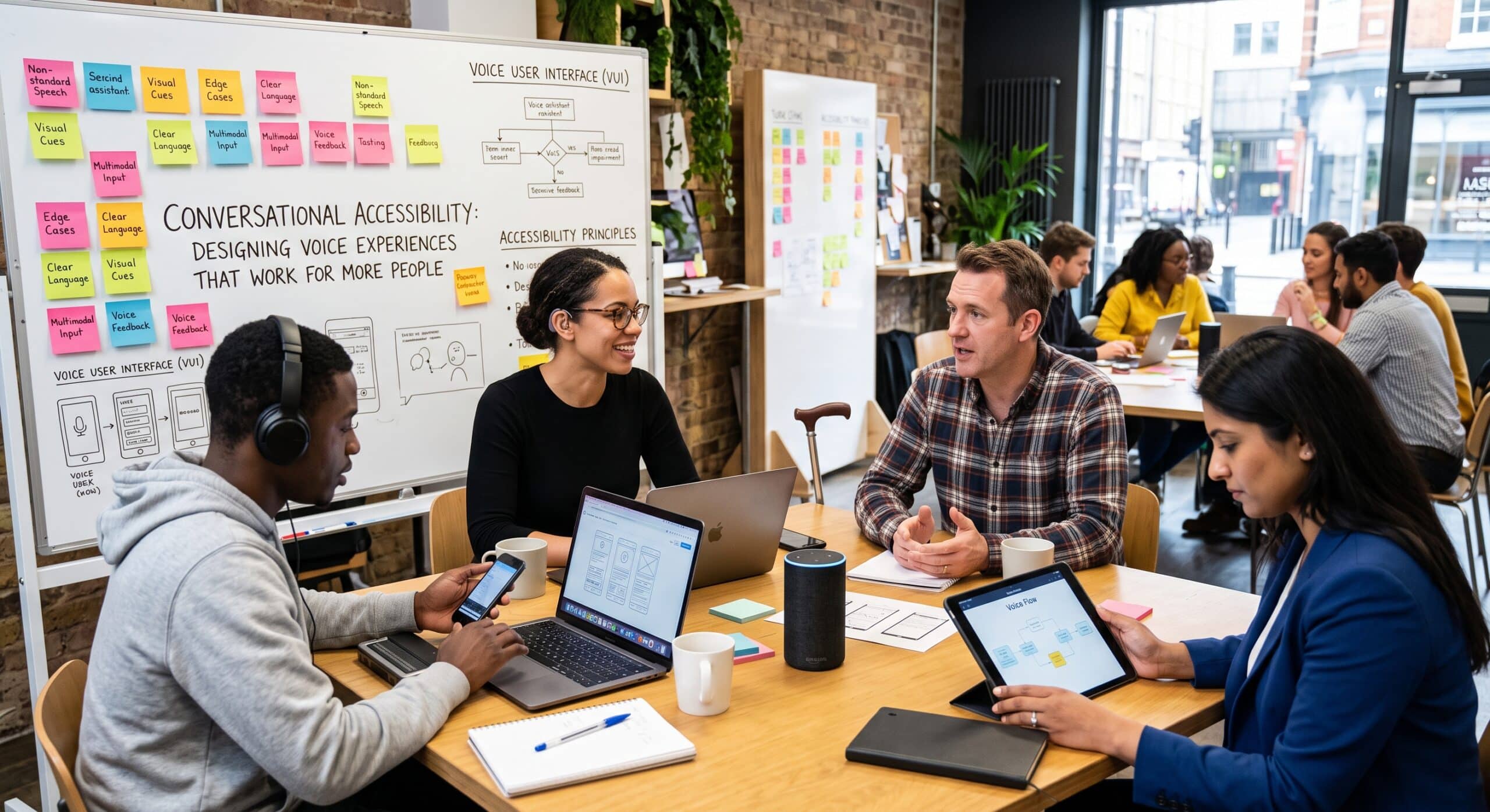 Conversational accessibility workshop with UX designers discussing voice user interface and accessible voice experiences