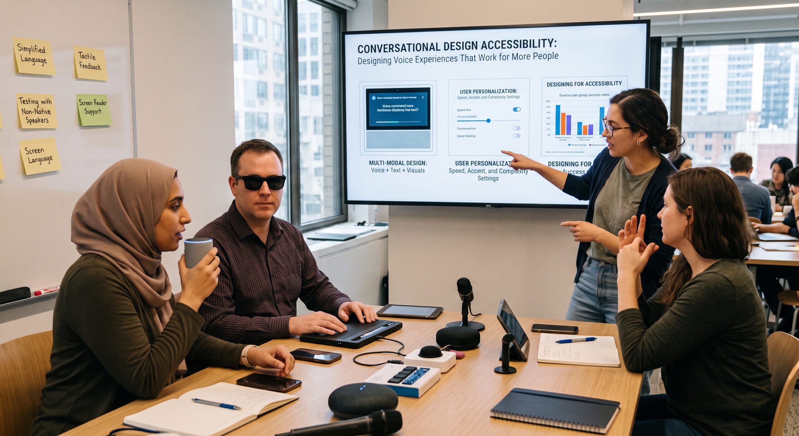 Conversational design accessibility workshop showing voice UX, multimodal design, user personalization, and accessibility testing