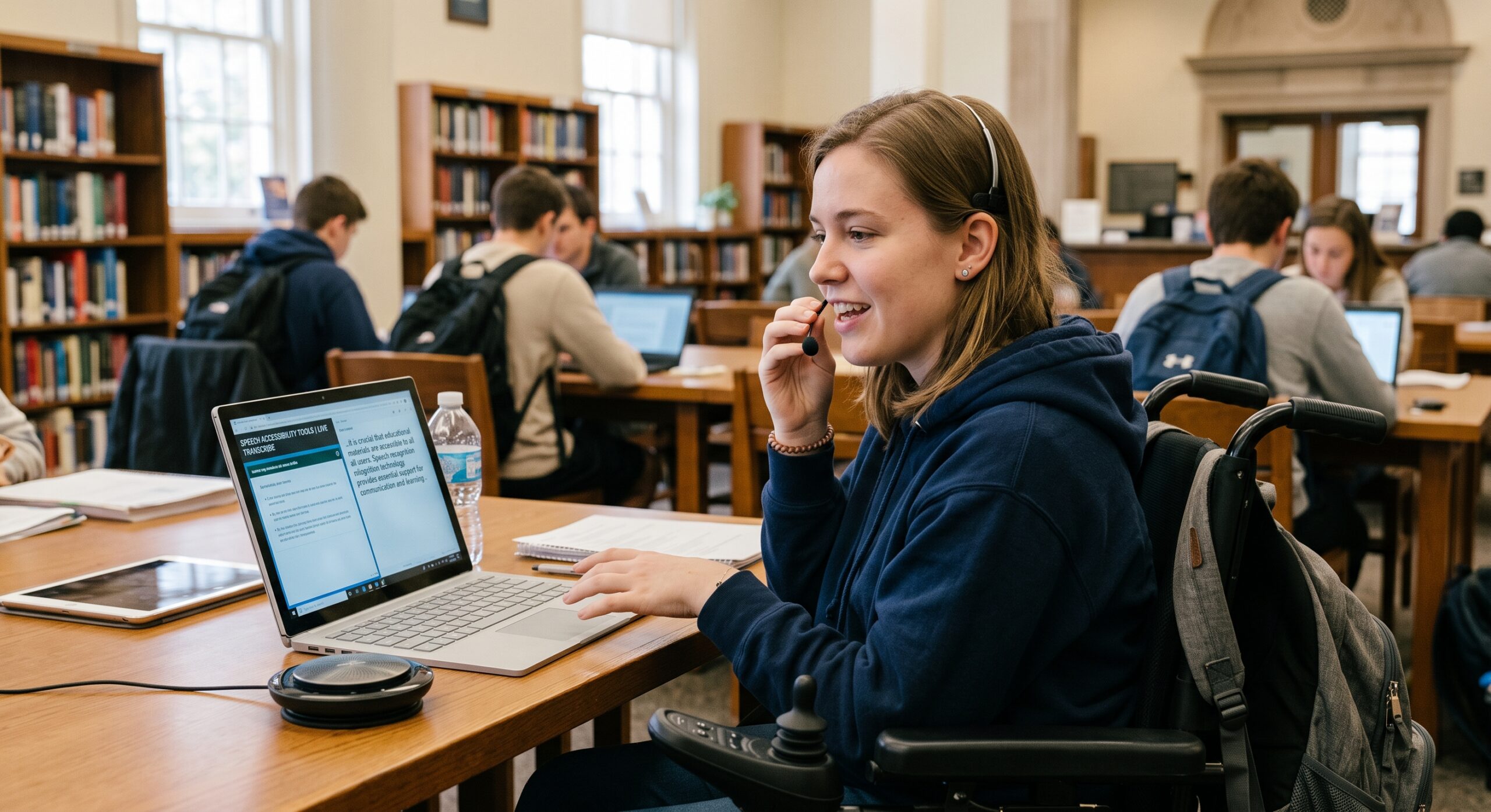 Student using speech accessibility tools with a laptop and headset in a university library