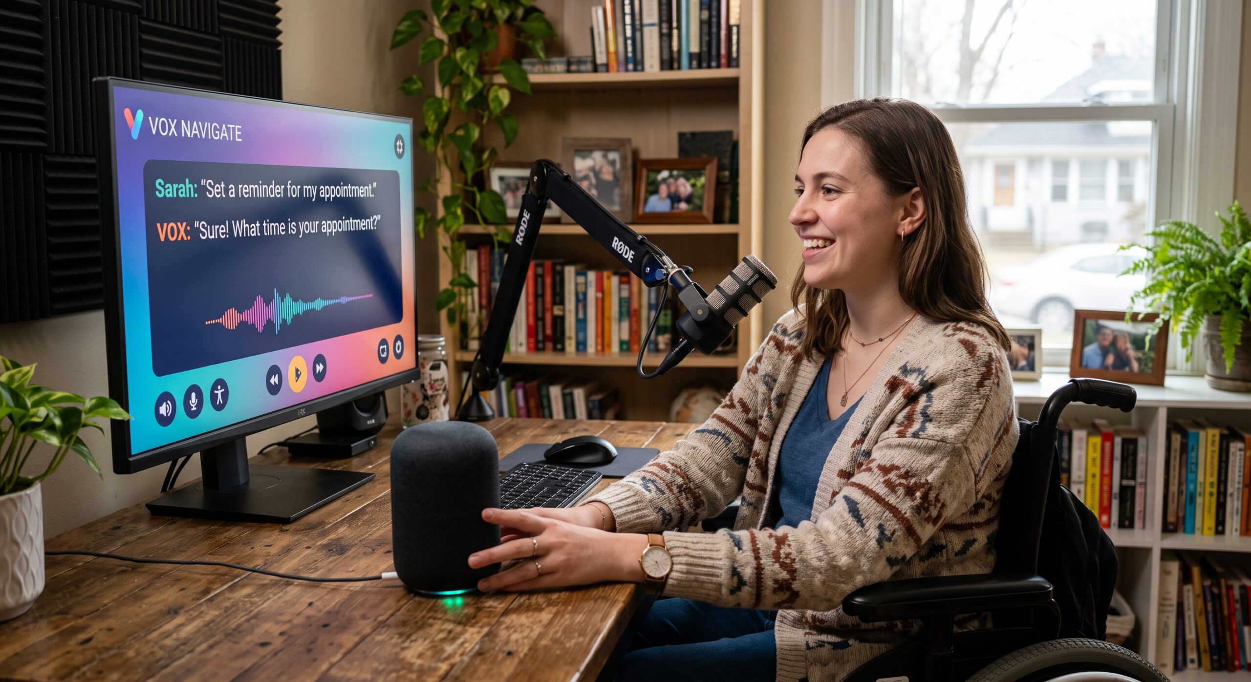 Voice search conversational AI and accessibility technology with a woman using a voice assistant at a desk