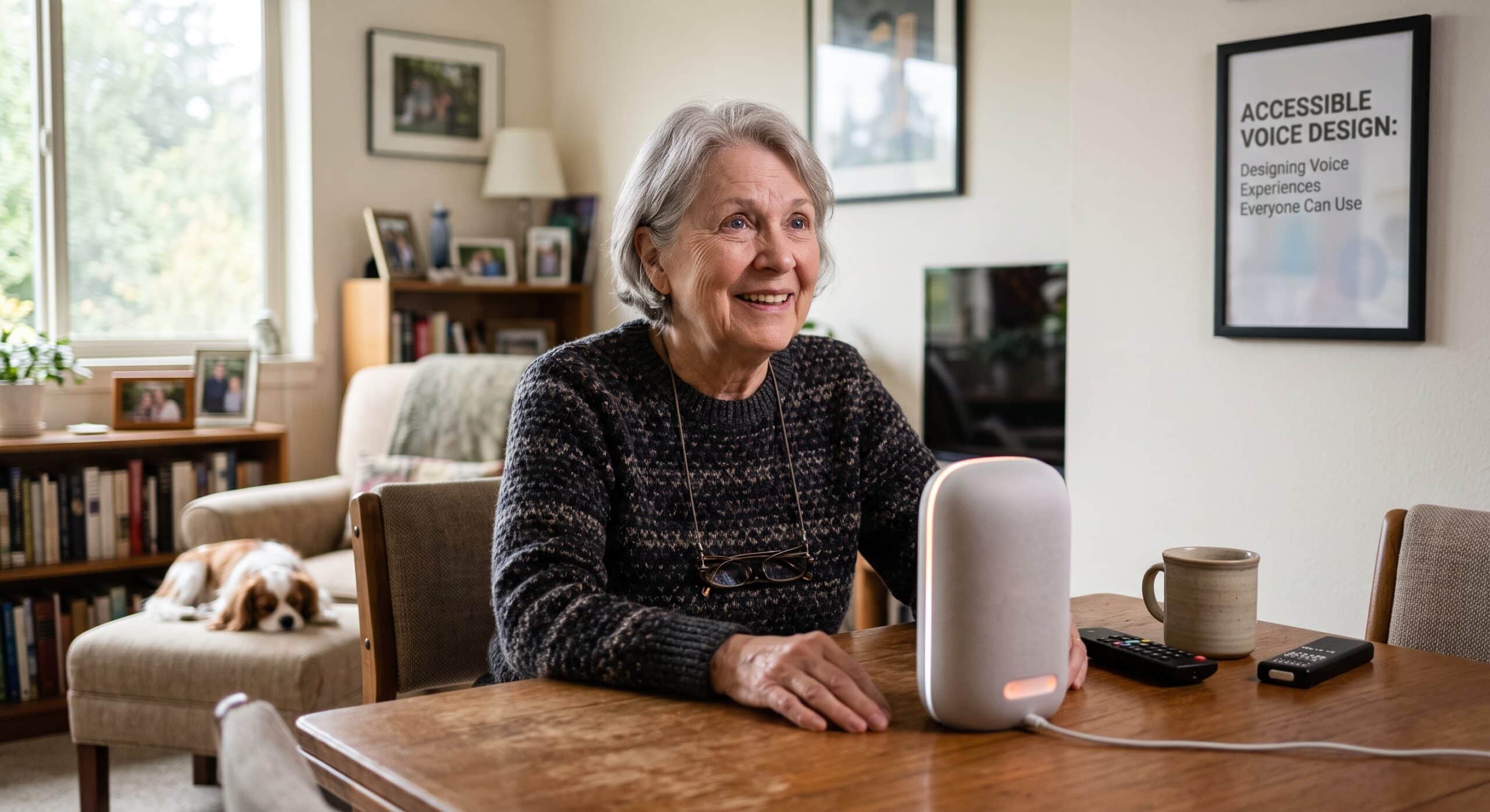 Older woman using an accessible voice assistant at home, illustrating voice search accessibility and inclusive voice UX design.
