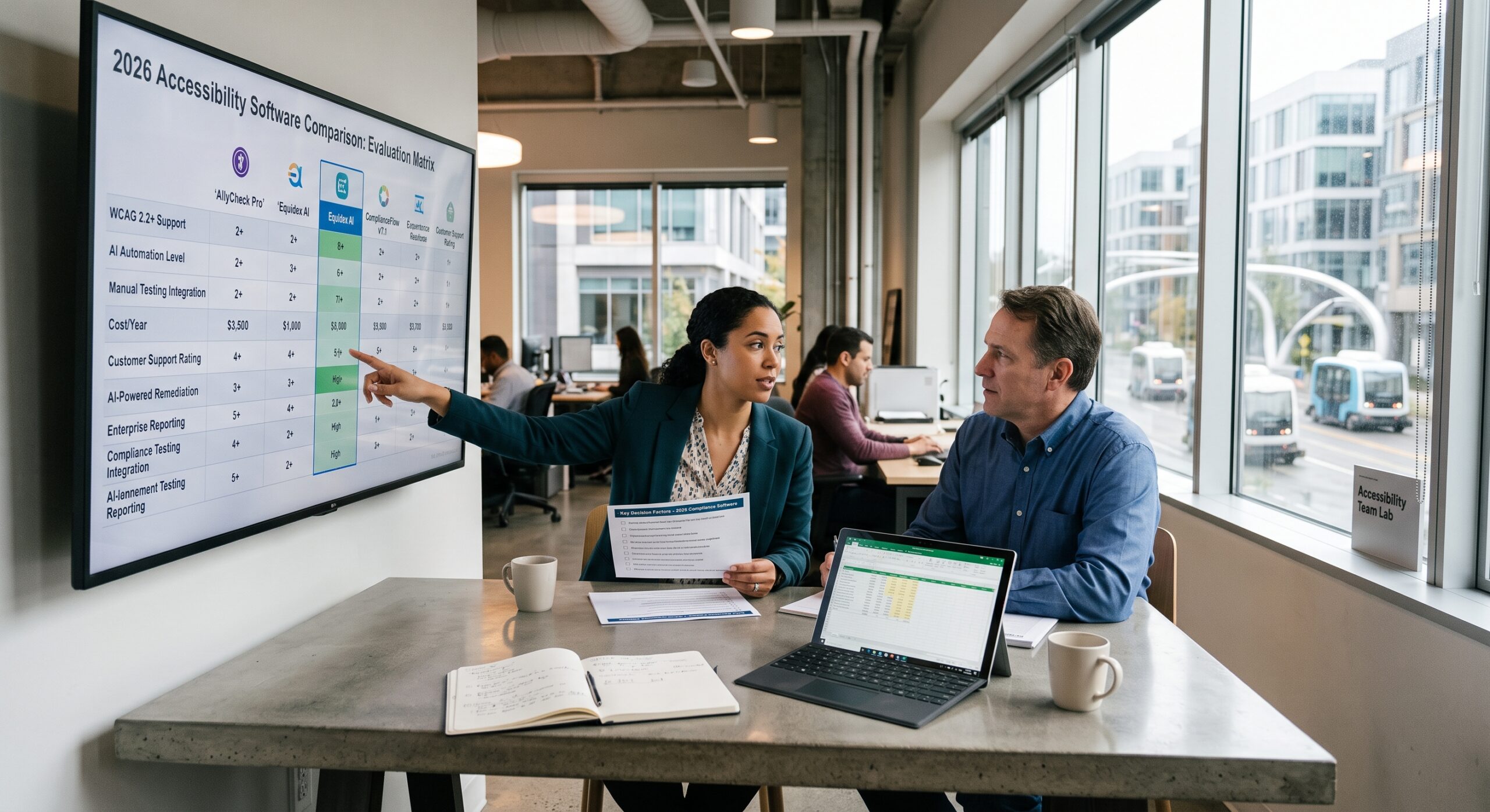 A diverse business team discussing a 2026 digital accessibility software comparison matrix on a large wall-mounted display in a modern office, while another team member works on a laptop.