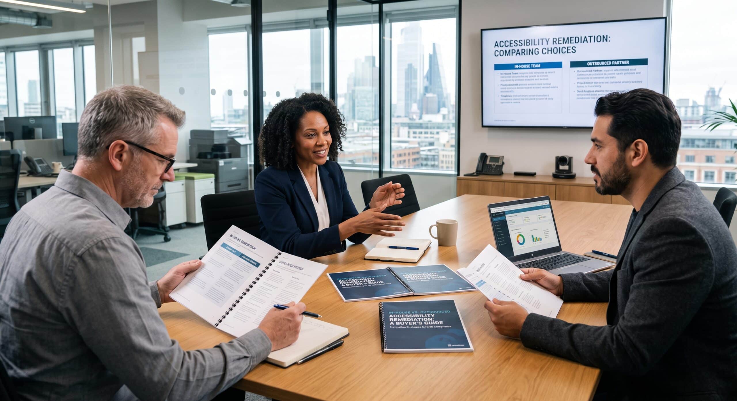 Team reviewing an in-house vs. outsourced accessibility remediation services guide during a compliance planning meeting