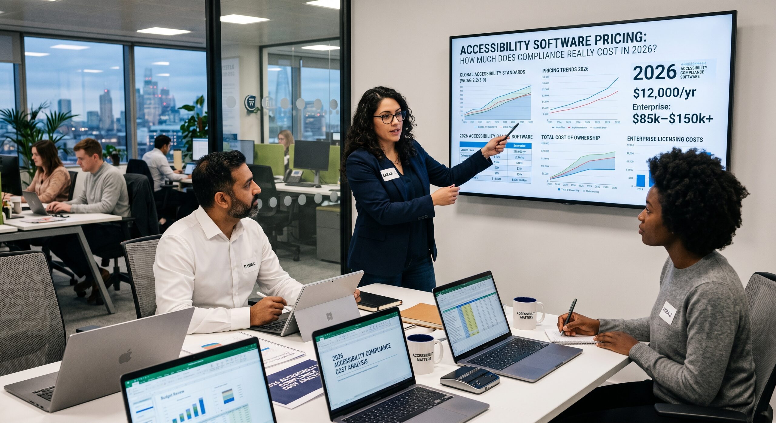 Team discussing accessibility software pricing and compliance costs in 2026 during a business meeting