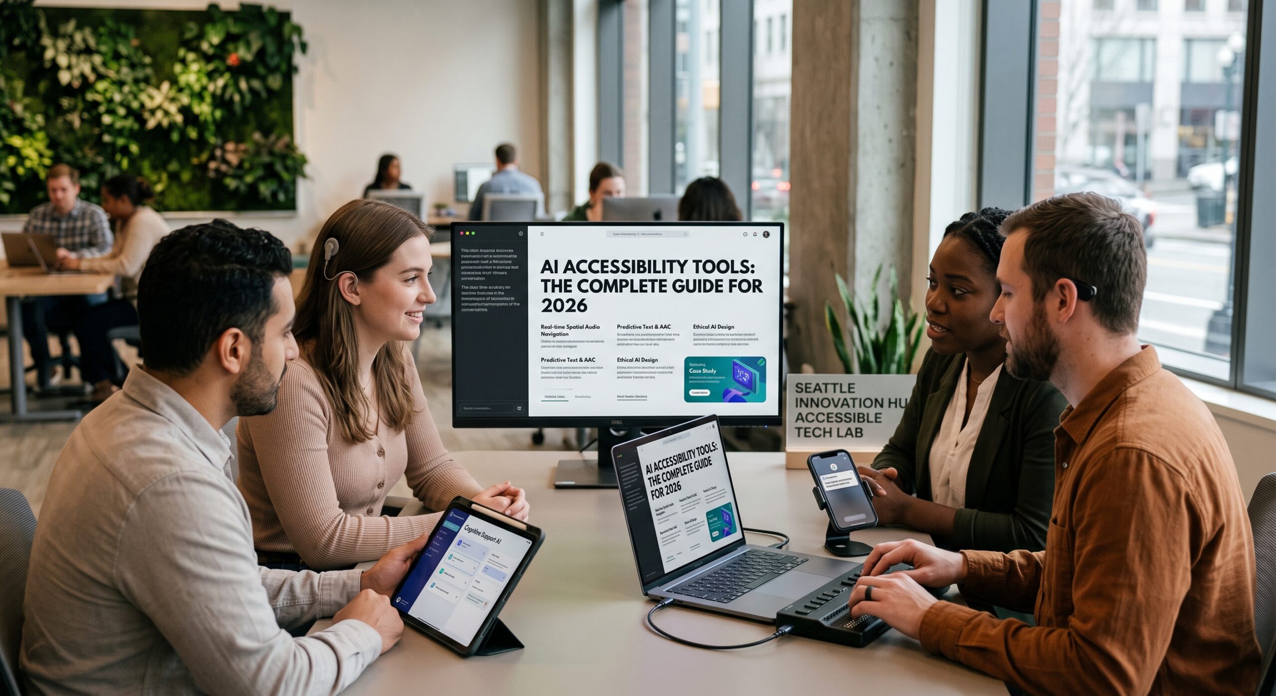 Team exploring AI accessibility tools across desktop, laptop, tablet, and mobile devices in a collaborative workspace