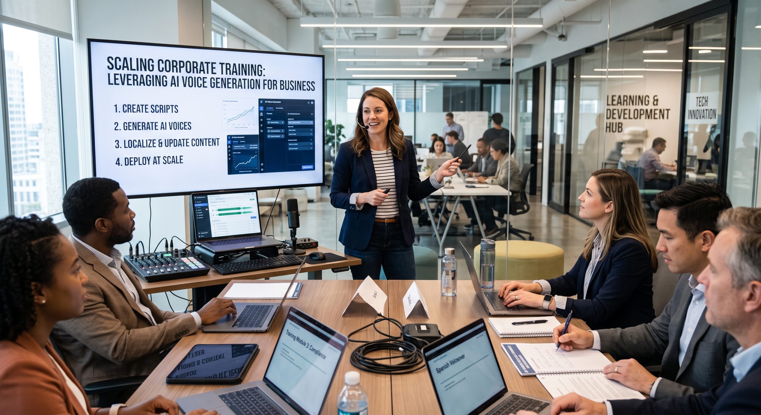 L&D director presenting an AI voice generator for business workflow to her training team in a conference room