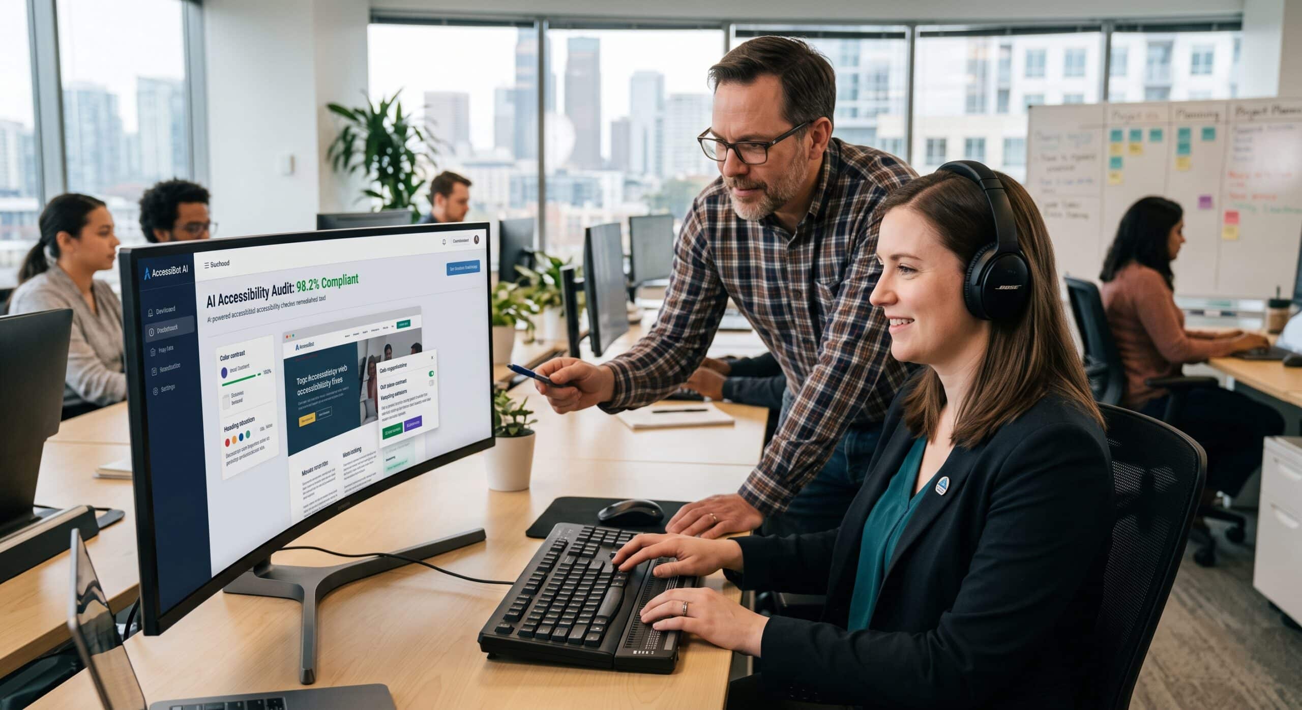 Accessibility software audit displayed on a computer monitor while employees review website accessibility in an office.